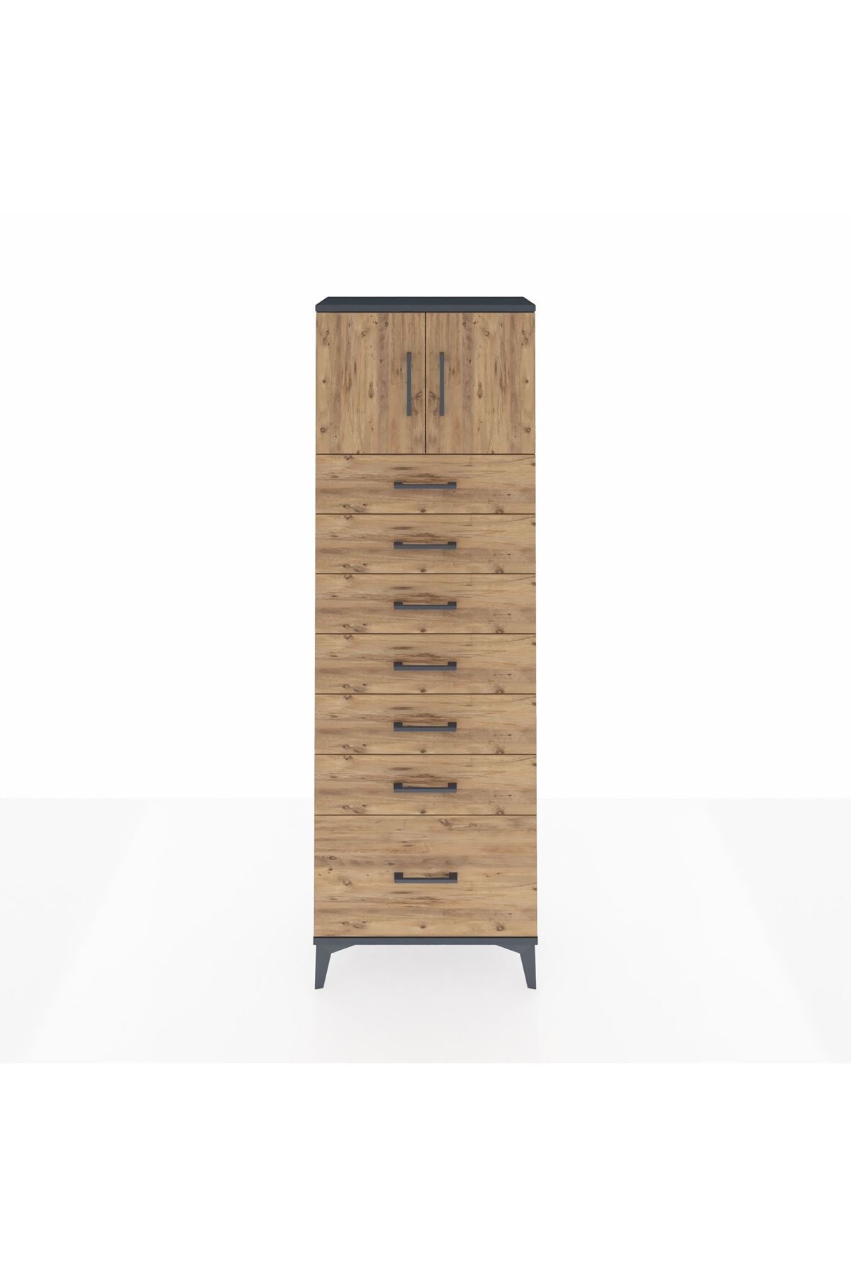 Arges Dolap Tek Raflı 7 Çekmeceli 2 Kapaklı 60x30x182 Antrasit-Çam