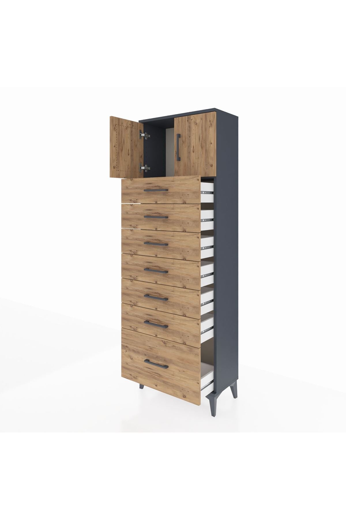 Arges Dolap Tek Raflı 7 Çekmeceli 2 Kapaklı 60x30x182 Antrasit-Çam