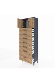 Arges Dolap Tek Raflı 7 Çekmeceli 2 Kapaklı 60x30x182 Antrasit-Çam