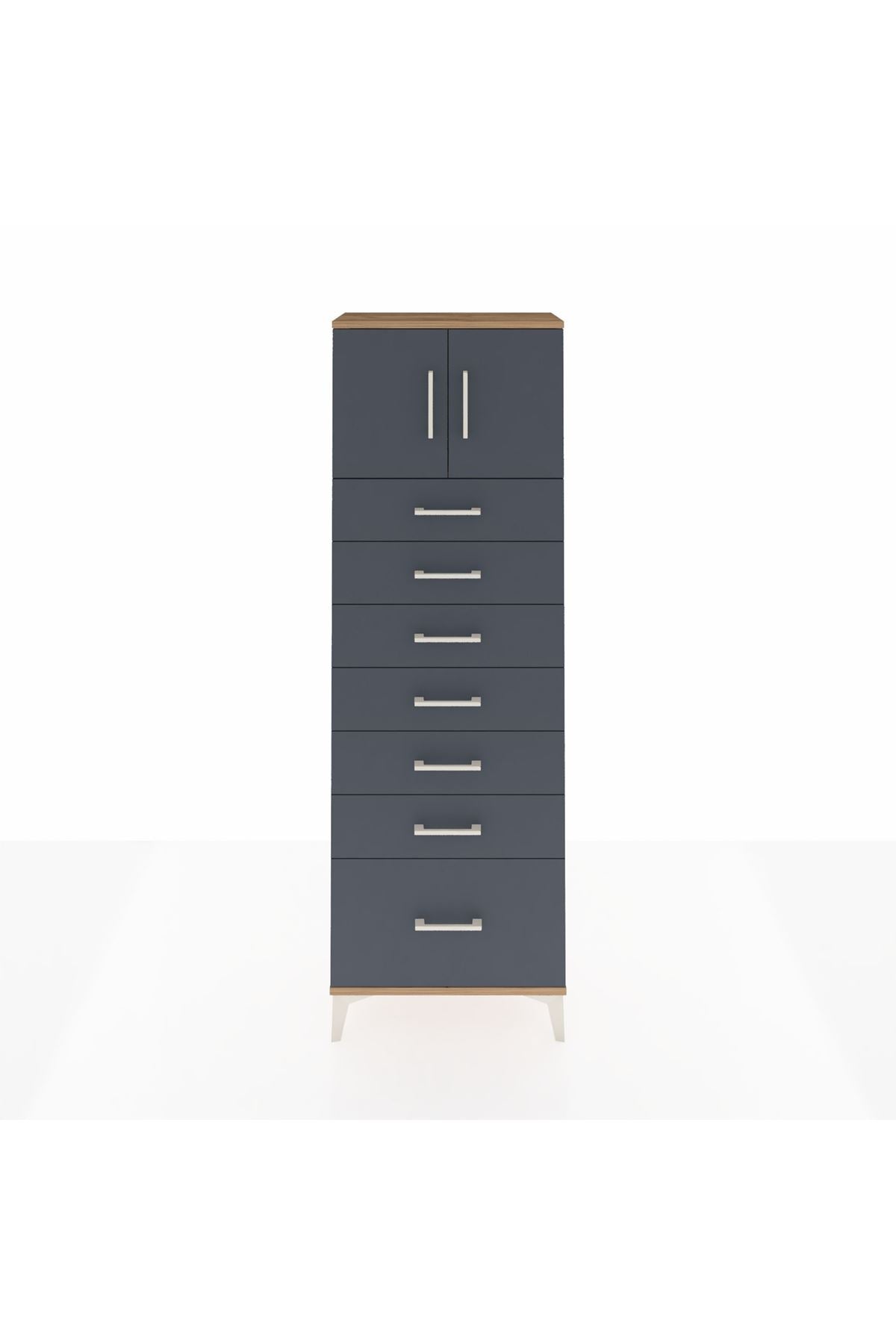 Arges Dolap Tek Raflı 7 Çekmeceli 2 Kapaklı 60x30x182 Çam-Antrasit