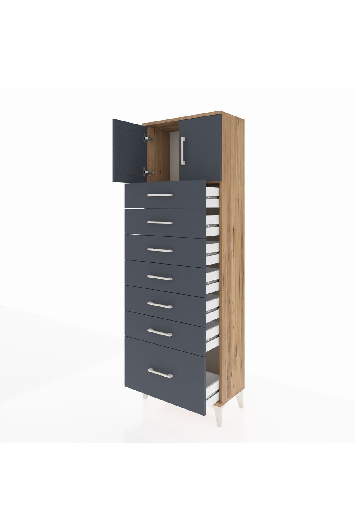 Arges Dolap Tek Raflı 7 Çekmeceli 2 Kapaklı 60x30x182 Çam-Antrasit