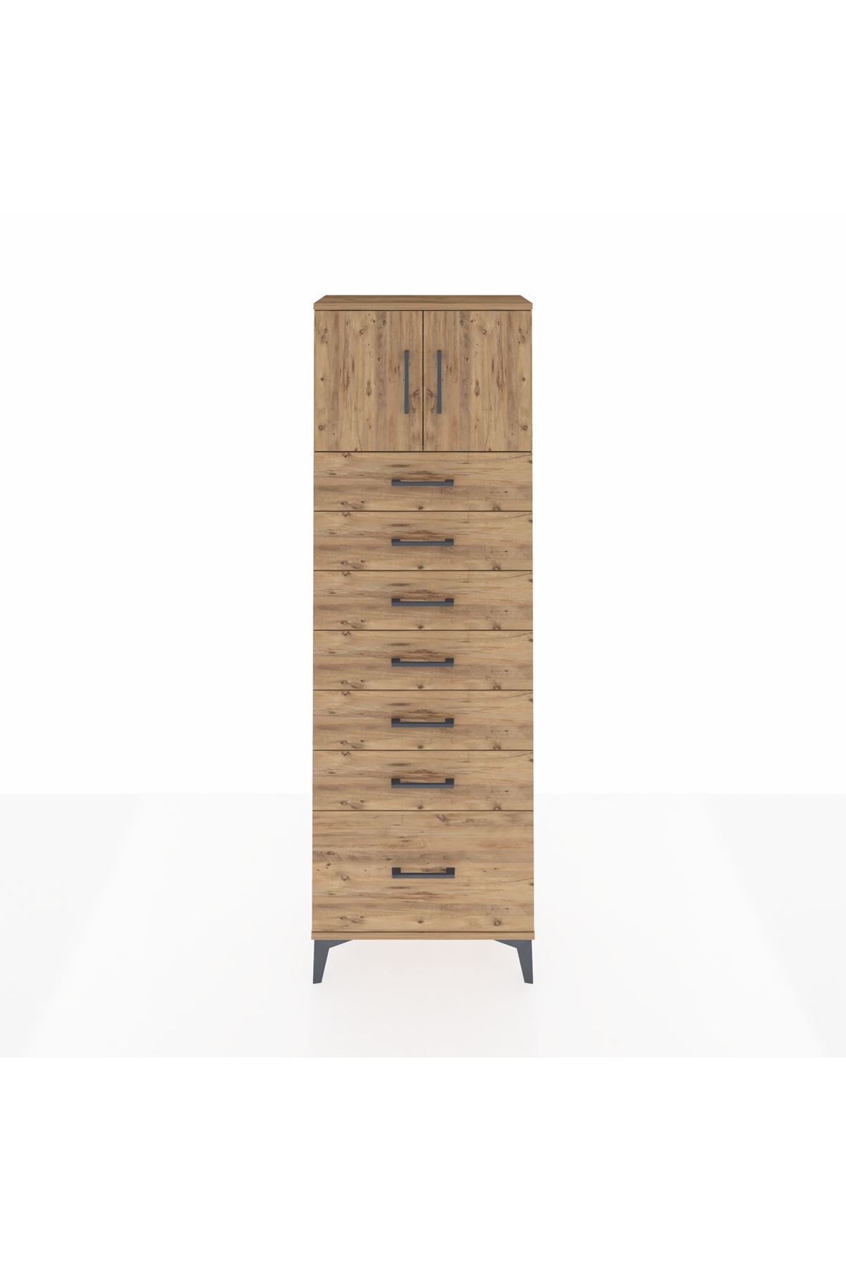 Arges Dolap Tek Raflı 7 Çekmeceli 2 Kapaklı 60x30x182 Çam-Çam