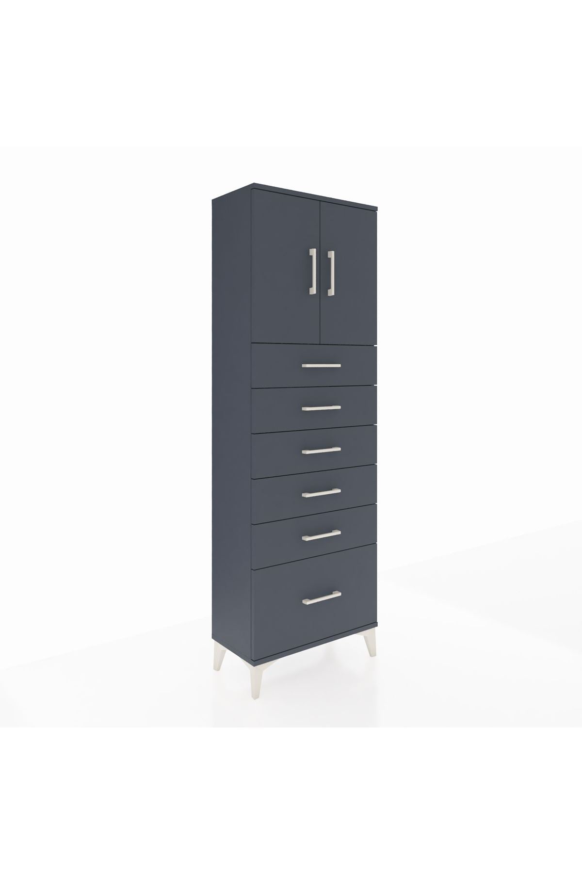 Arges Dolap 2 Raflı 6 Çekmeceli 2 Kapaklı 60x30x182 Antrasit-Antrasit