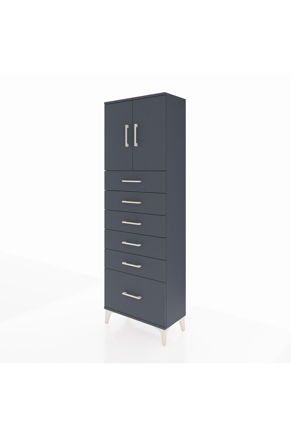 Arges Dolap 2 Raflı 6 Çekmeceli 2 Kapaklı 60x30x182 Antrasit-Antrasit