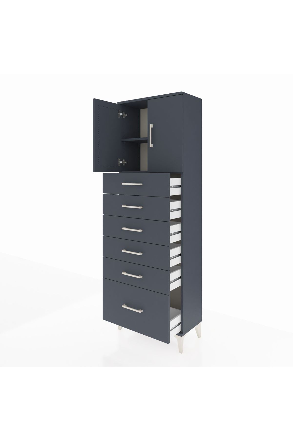 Arges Dolap 2 Raflı 6 Çekmeceli 2 Kapaklı 60x30x182 Antrasit-Antrasit