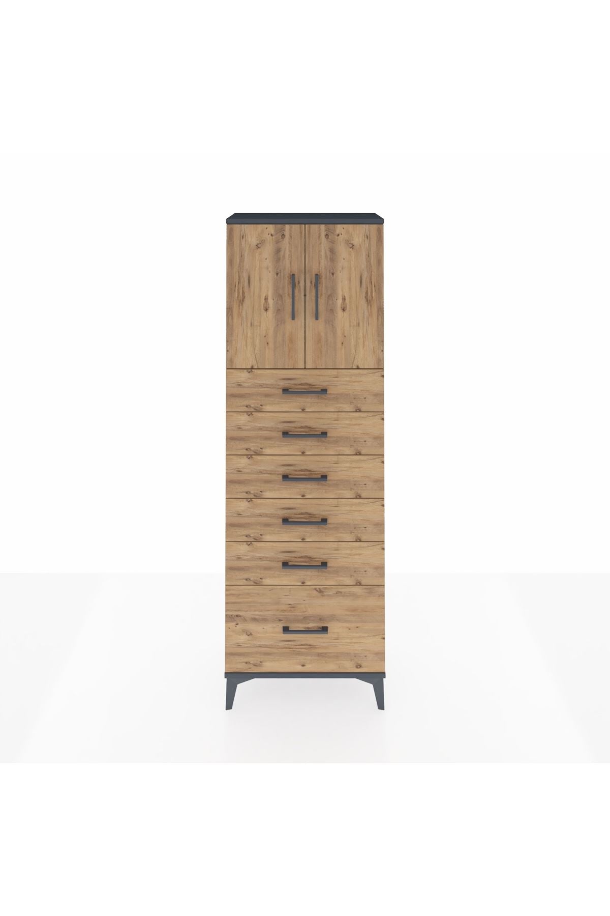 Arges Dolap 2 Raflı 6 Çekmeceli 2 Kapaklı 60x30x182 Antrasit-Çam