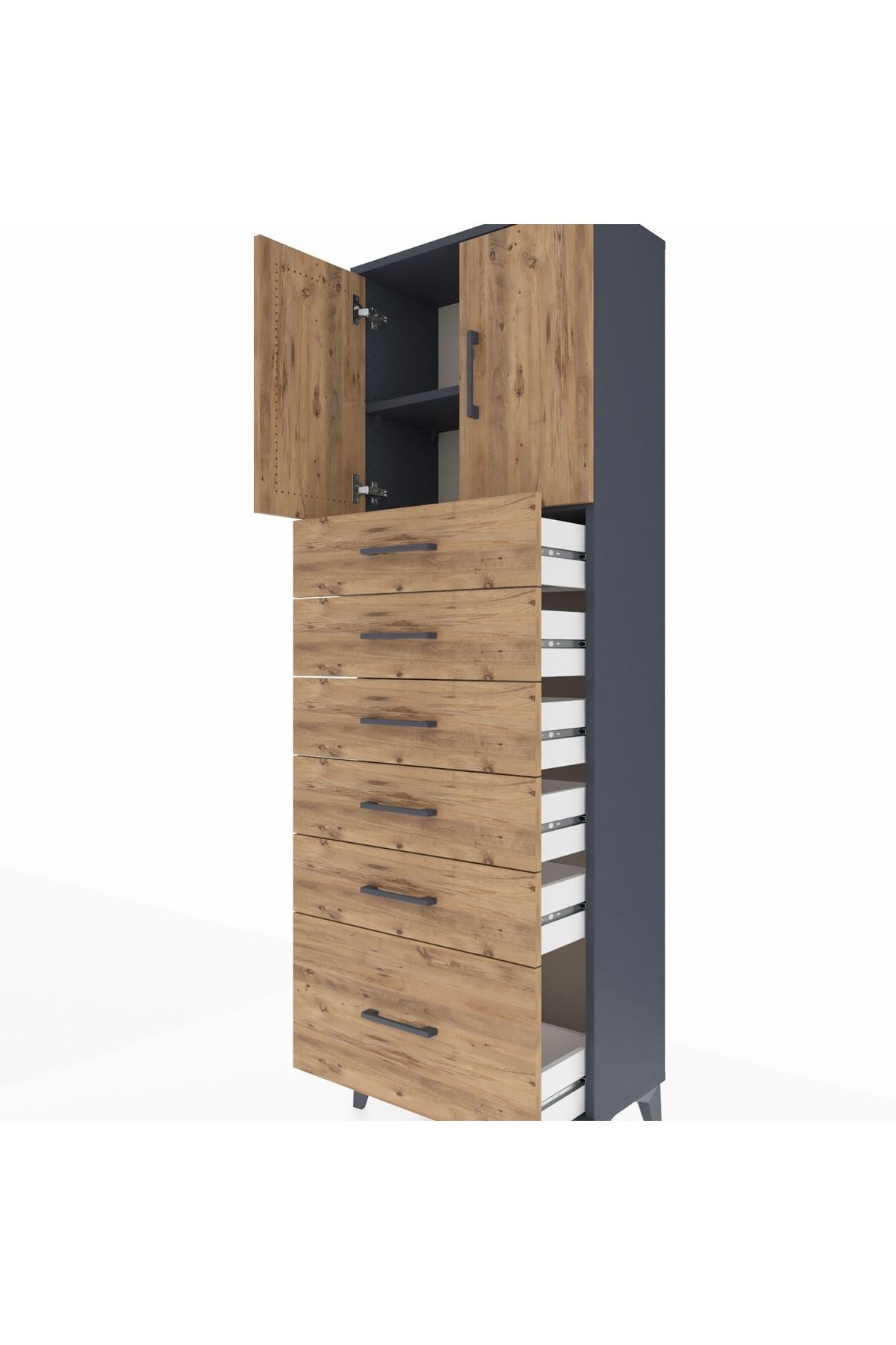 Arges Dolap 2 Raflı 6 Çekmeceli 2 Kapaklı 60x30x182 Antrasit-Çam