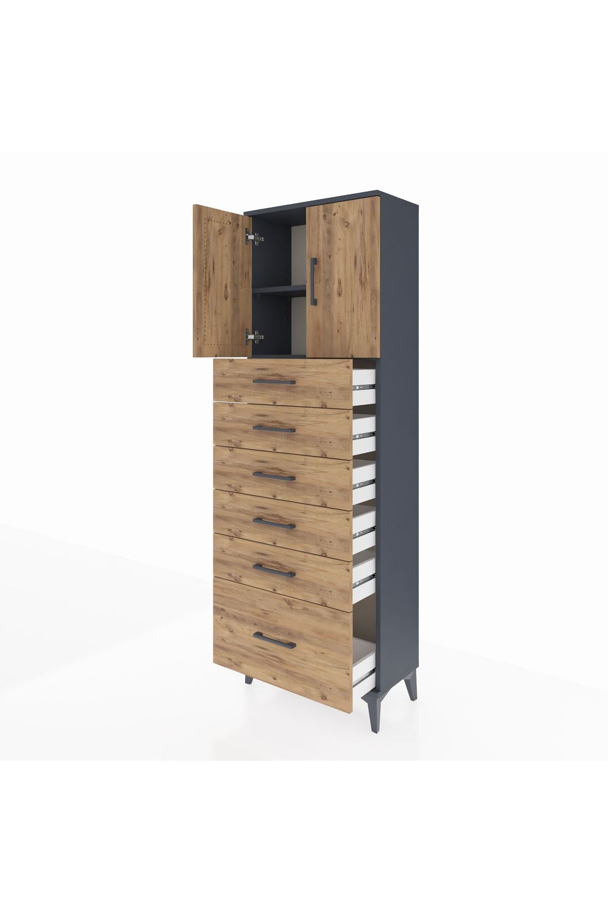 Arges Dolap 2 Raflı 6 Çekmeceli 2 Kapaklı 60x30x182 Antrasit-Çam