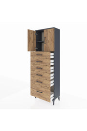 Arges Dolap 2 Raflı 6 Çekmeceli 2 Kapaklı 60x30x182 Antrasit-Çam