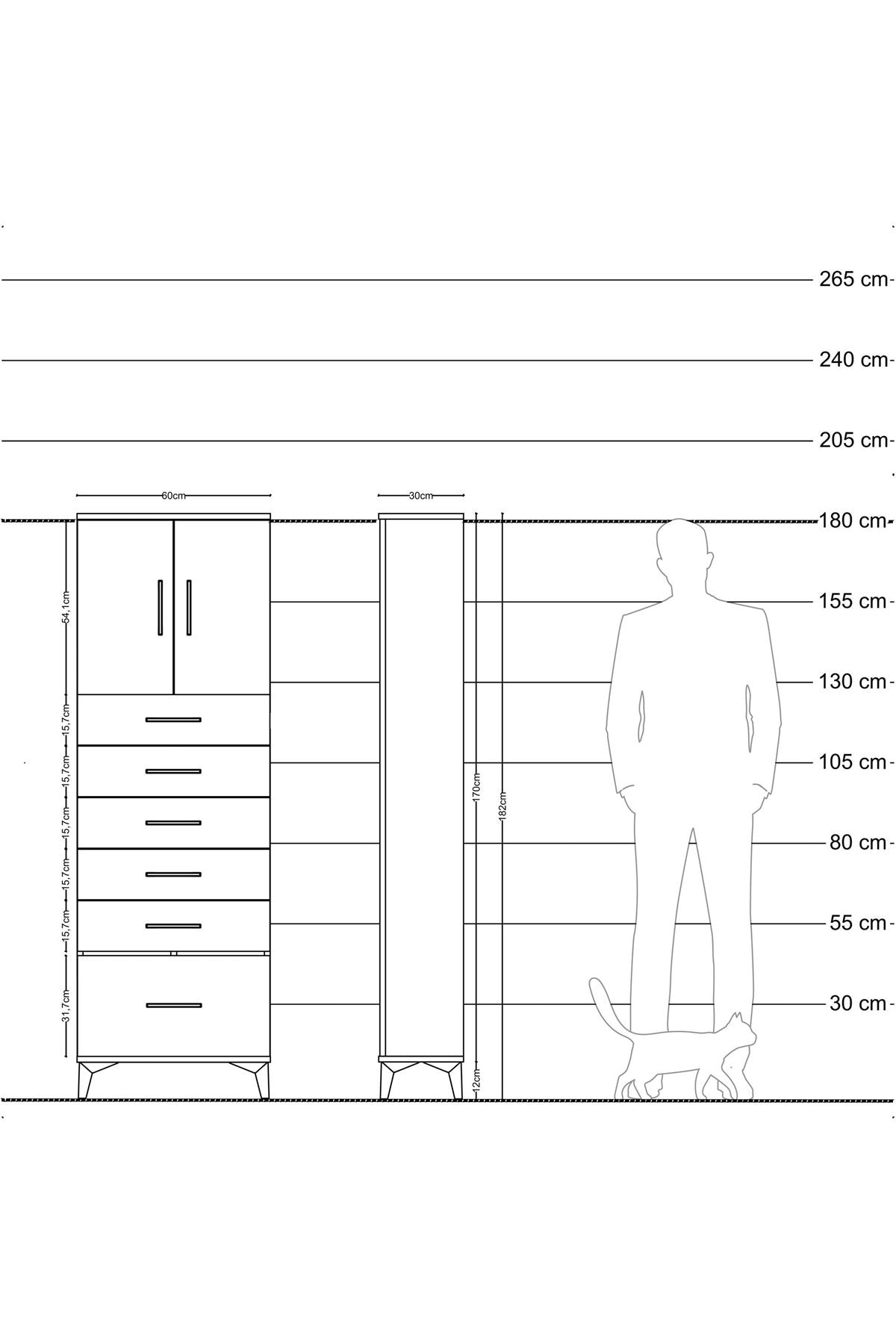 Arges Dolap 2 Raflı 6 Çekmeceli 2 Kapaklı 60x30x182 Çam-Aytaşı