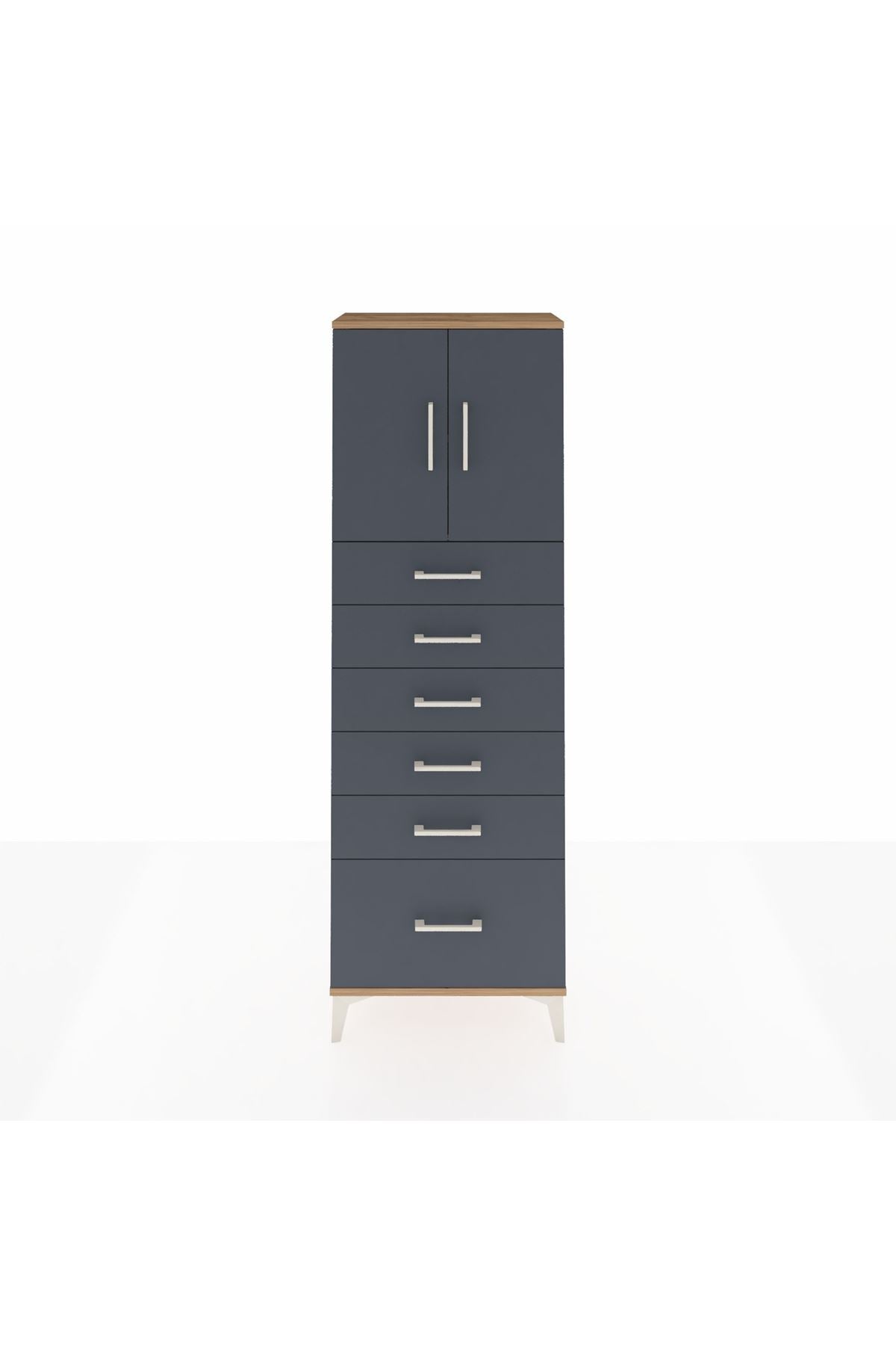 Arges Dolap 2 Raflı 6 Çekmeceli 2 Kapaklı 60x30x182 Çam-Antrasit