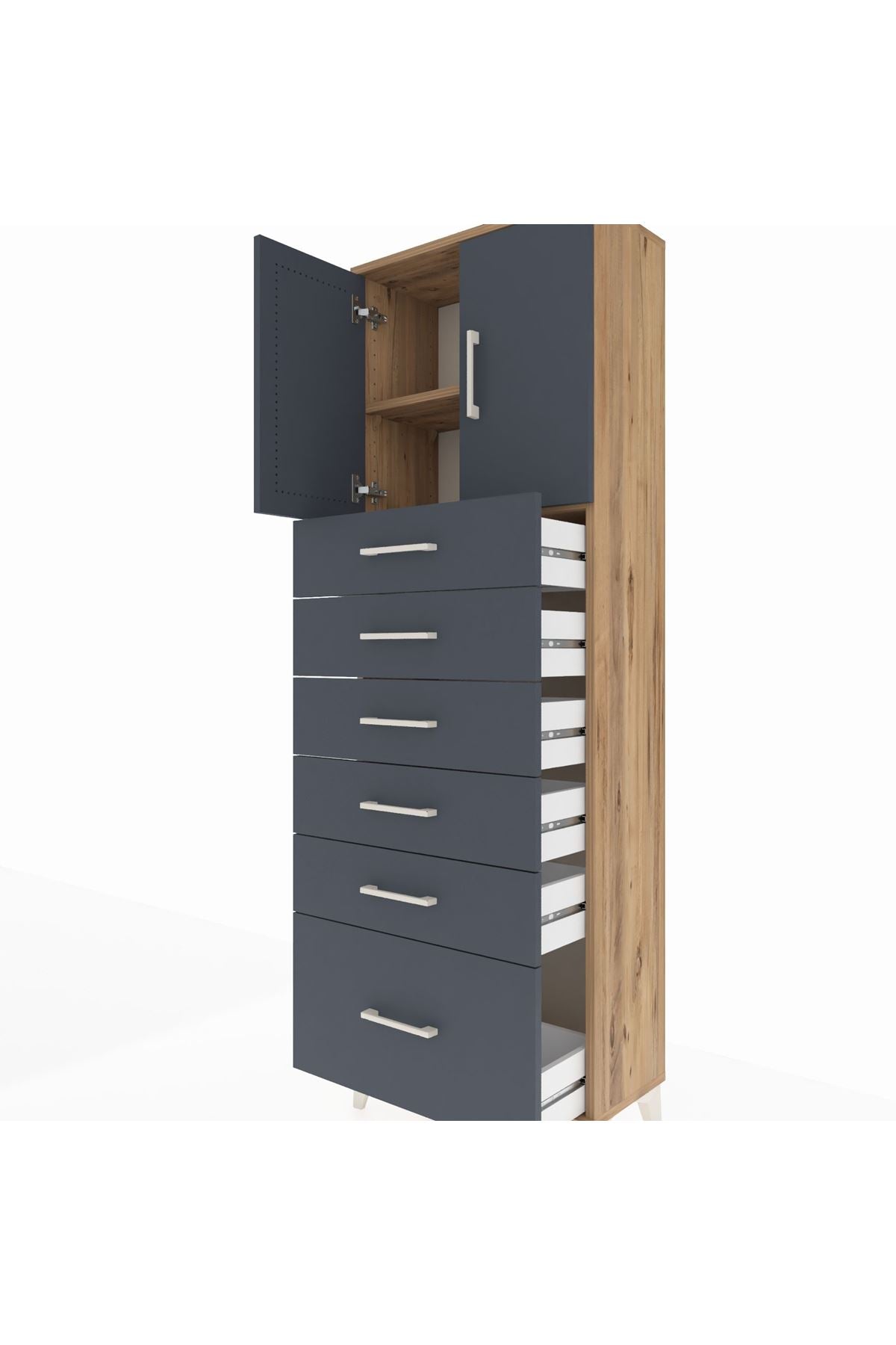 Arges Dolap 2 Raflı 6 Çekmeceli 2 Kapaklı 60x30x182 Çam-Antrasit