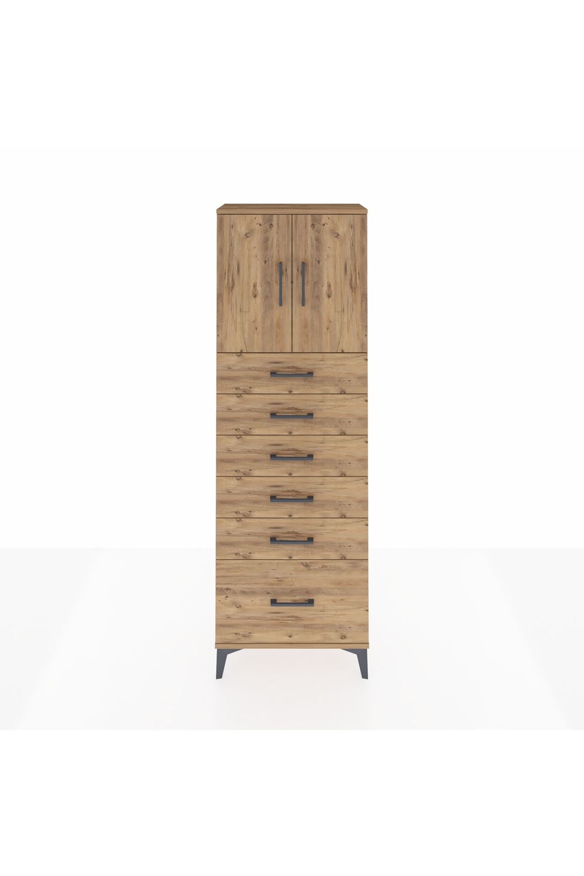 Arges Dolap 2 Raflı 6 Çekmeceli 2 Kapaklı 60x30x182 Çam-Çam