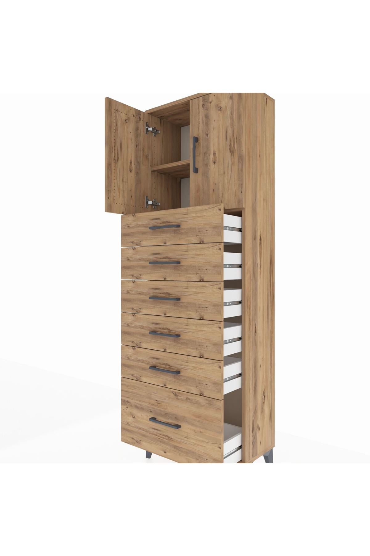 Arges Dolap 2 Raflı 6 Çekmeceli 2 Kapaklı 60x30x182 Çam-Çam