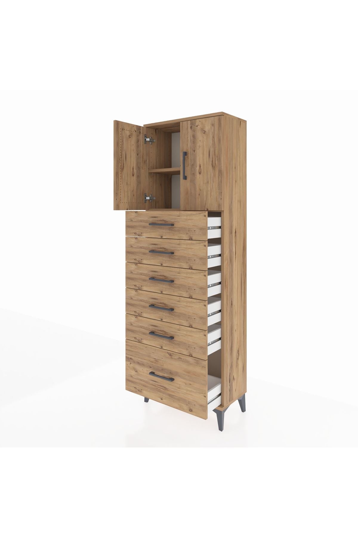 Arges Dolap 2 Raflı 6 Çekmeceli 2 Kapaklı 60x30x182 Çam-Çam