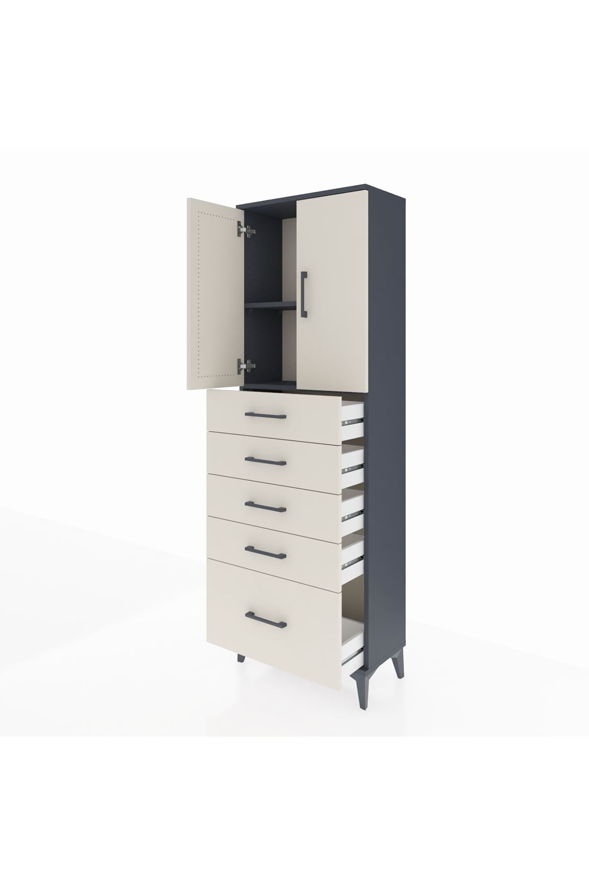 Arges Dolap 2 Raflı 5 Çekmeceli 2 Kapaklı 60x30x182 Antrasit-Aytaşı