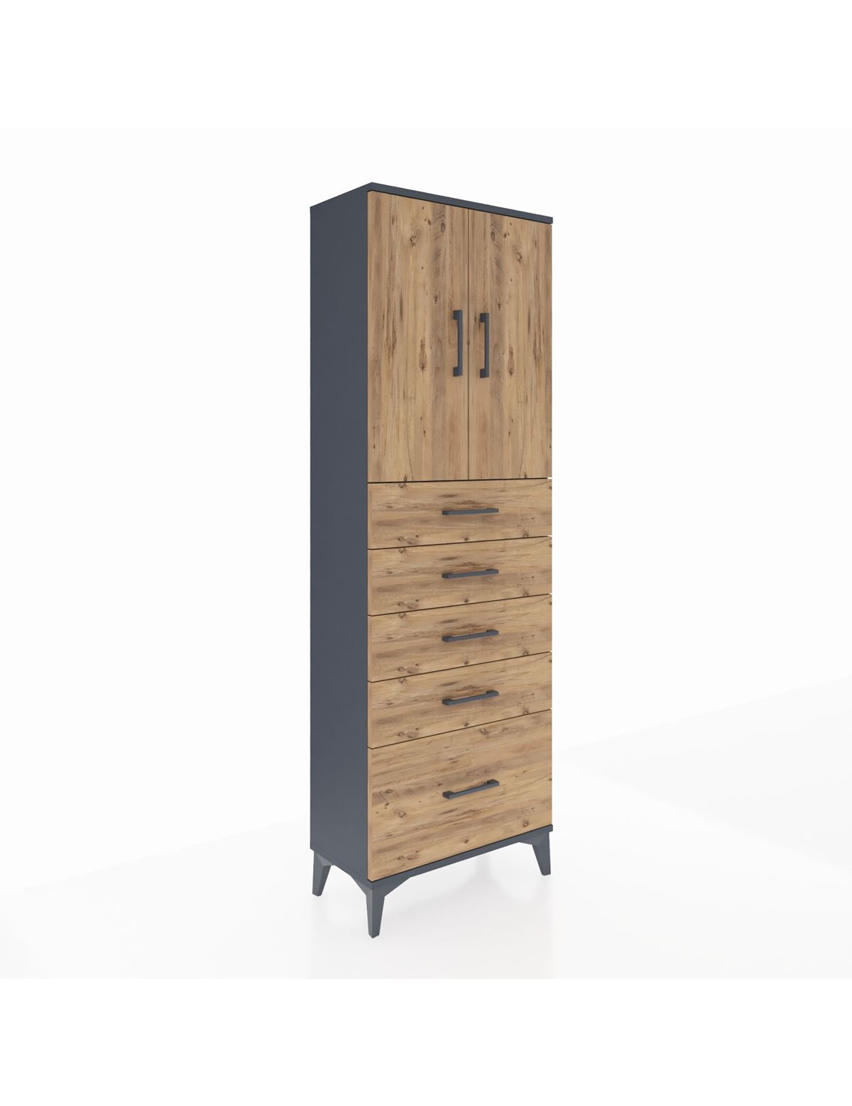 Arges Dolap 2 Raflı 5 Çekmeceli 2 Kapaklı 60x30x182 Antrasit-Çam