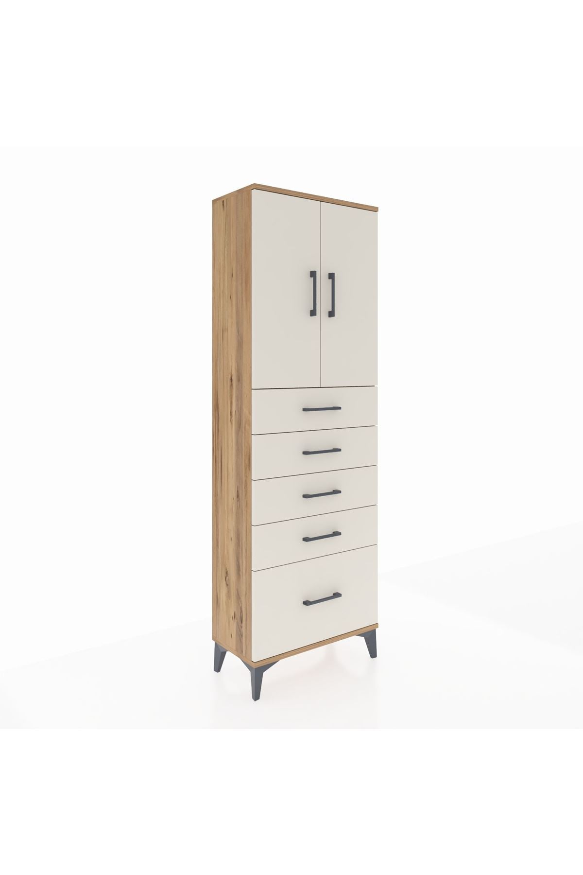 Arges Dolap 2 Raflı 5 Çekmeceli 2 Kapaklı 60x30x182 Çam-Aytaşı