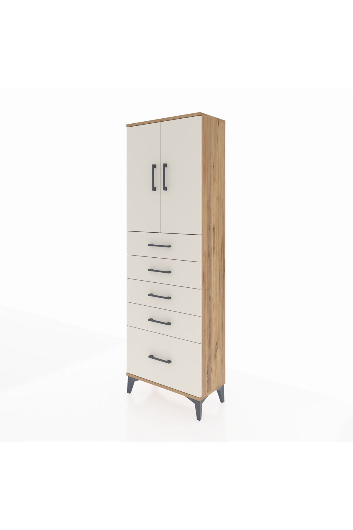 Arges Dolap 2 Raflı 5 Çekmeceli 2 Kapaklı 60x30x182 Çam-Aytaşı