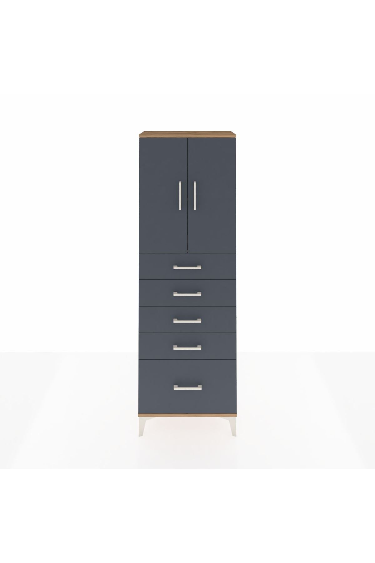 Arges Dolap 2 Raflı 5 Çekmeceli 2 Kapaklı 60x30x182 Çam-Antrasit