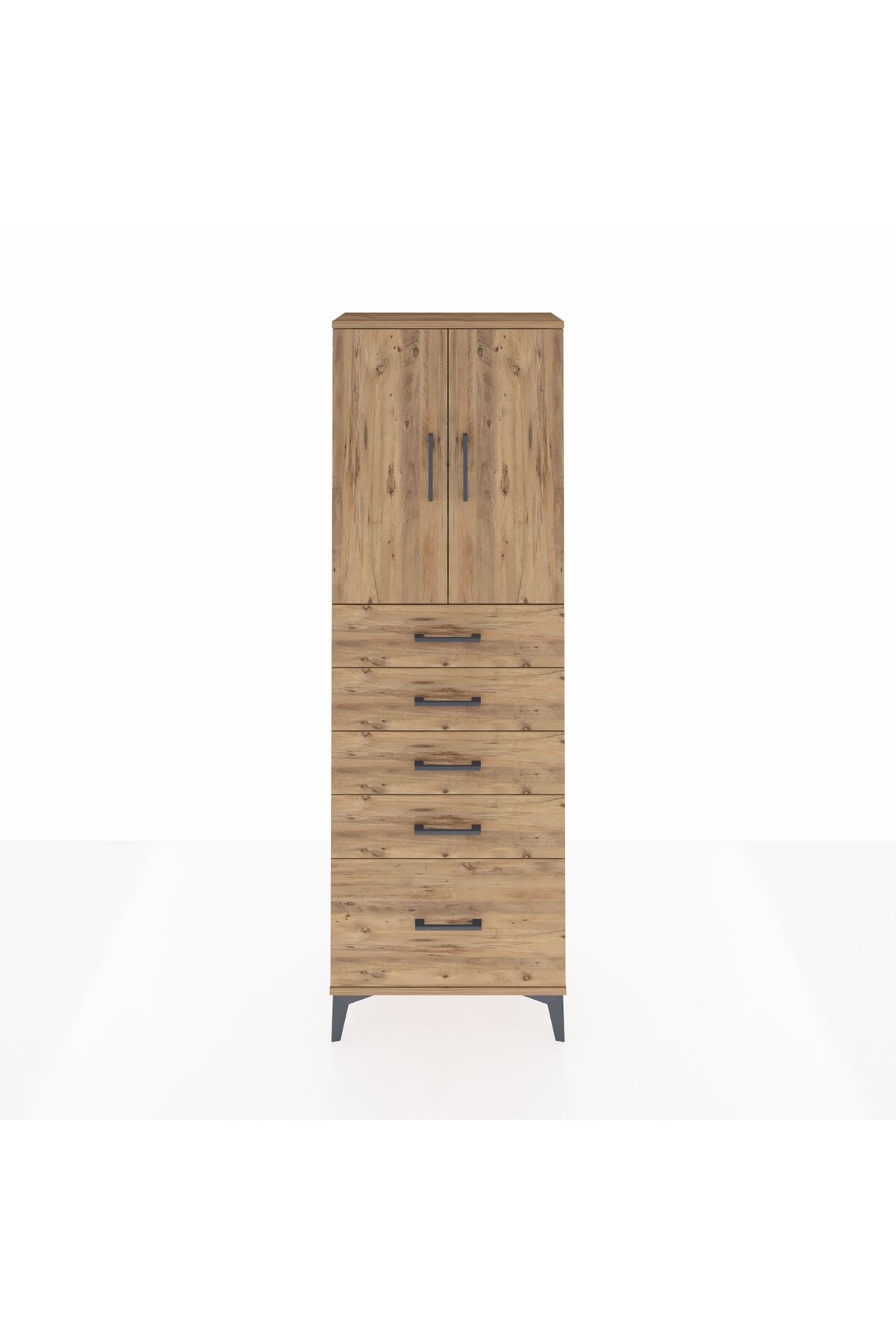 Arges Dolap 2 Raflı 5 Çekmeceli 2 Kapaklı 60x30x182 Çam-Çam