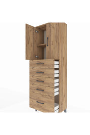 Arges Dolap 2 Raflı 5 Çekmeceli 2 Kapaklı 60x30x182 Çam-Çam