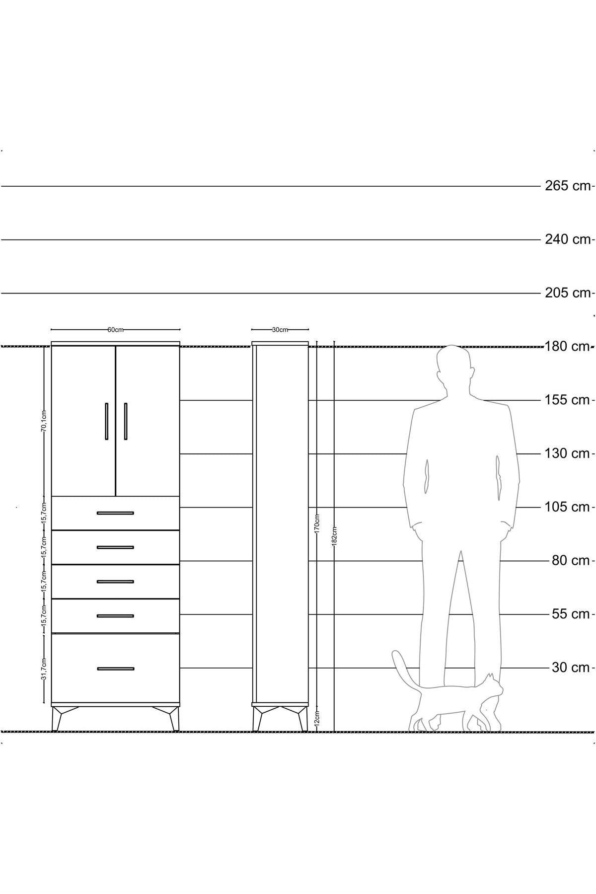 Arges Dolap 2 Raflı 5 Çekmeceli 2 Kapaklı 60x30x182 Çam-Çam