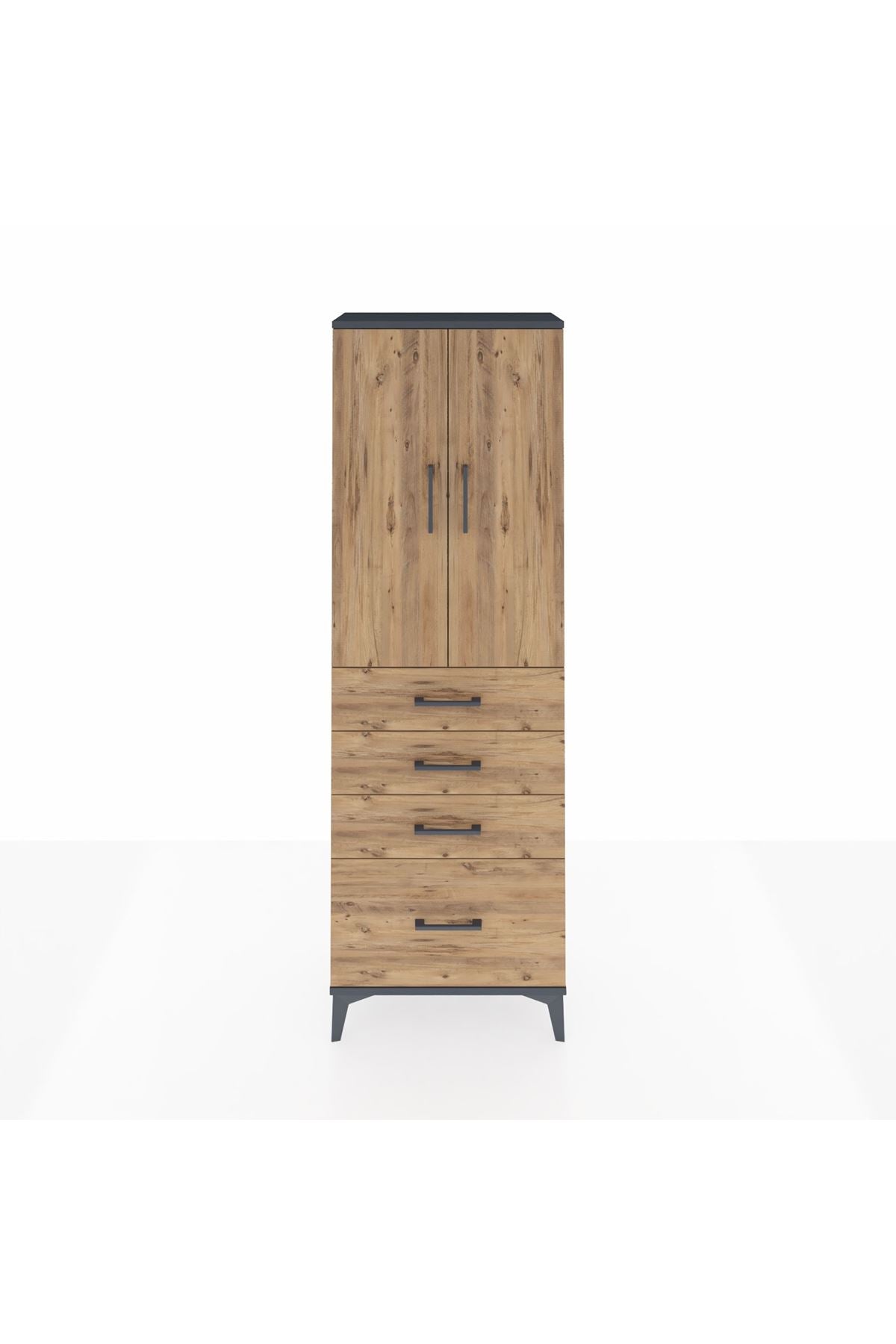 Arges Dolap 2 Raflı 4 Çekmeceli 2 Kapaklı 60x30x182 Antrasit-Çam