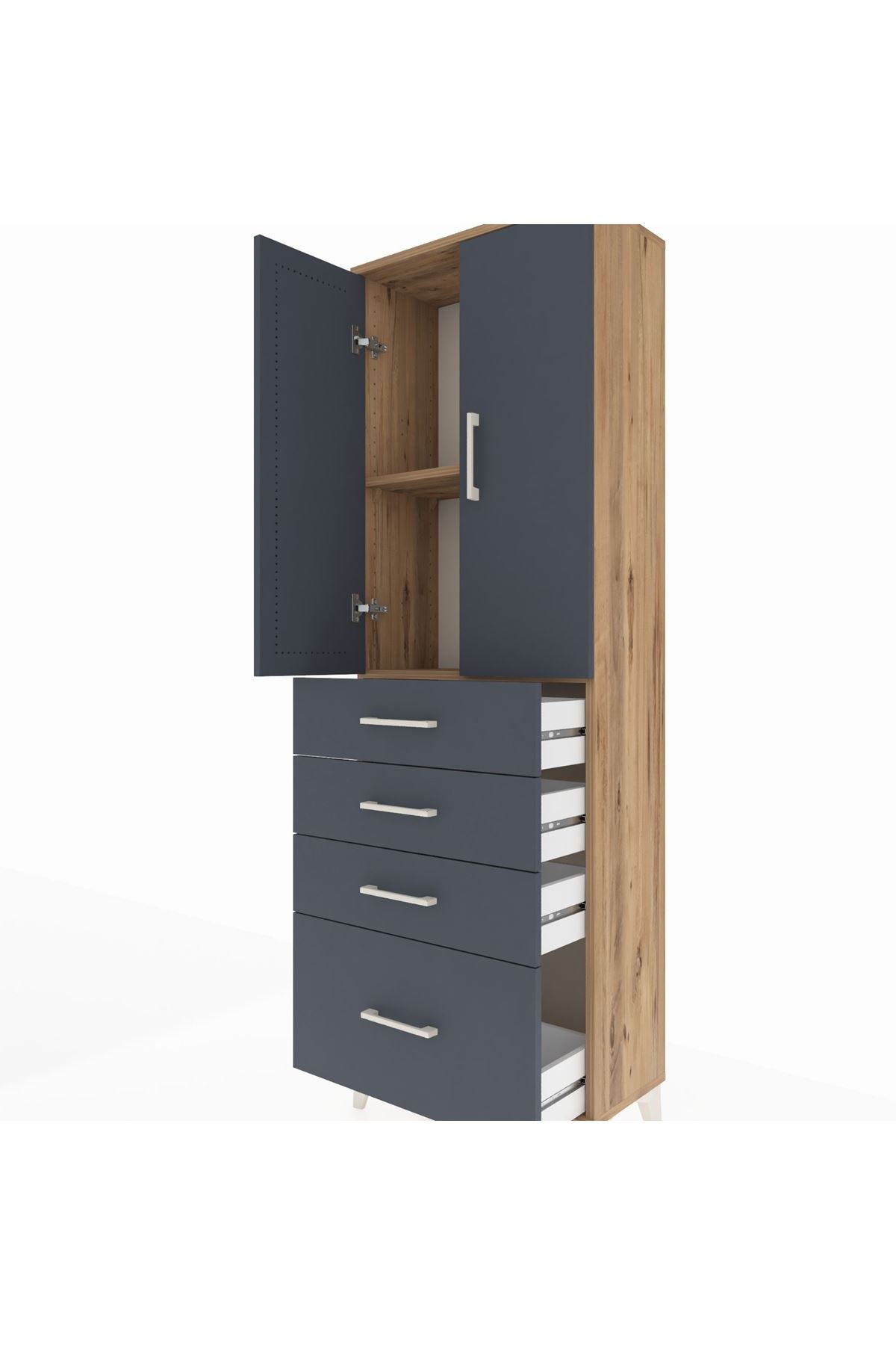 Arges Dolap 2 Raflı 4 Çekmeceli 2 Kapaklı 60x30x182 Çam-Antrasit