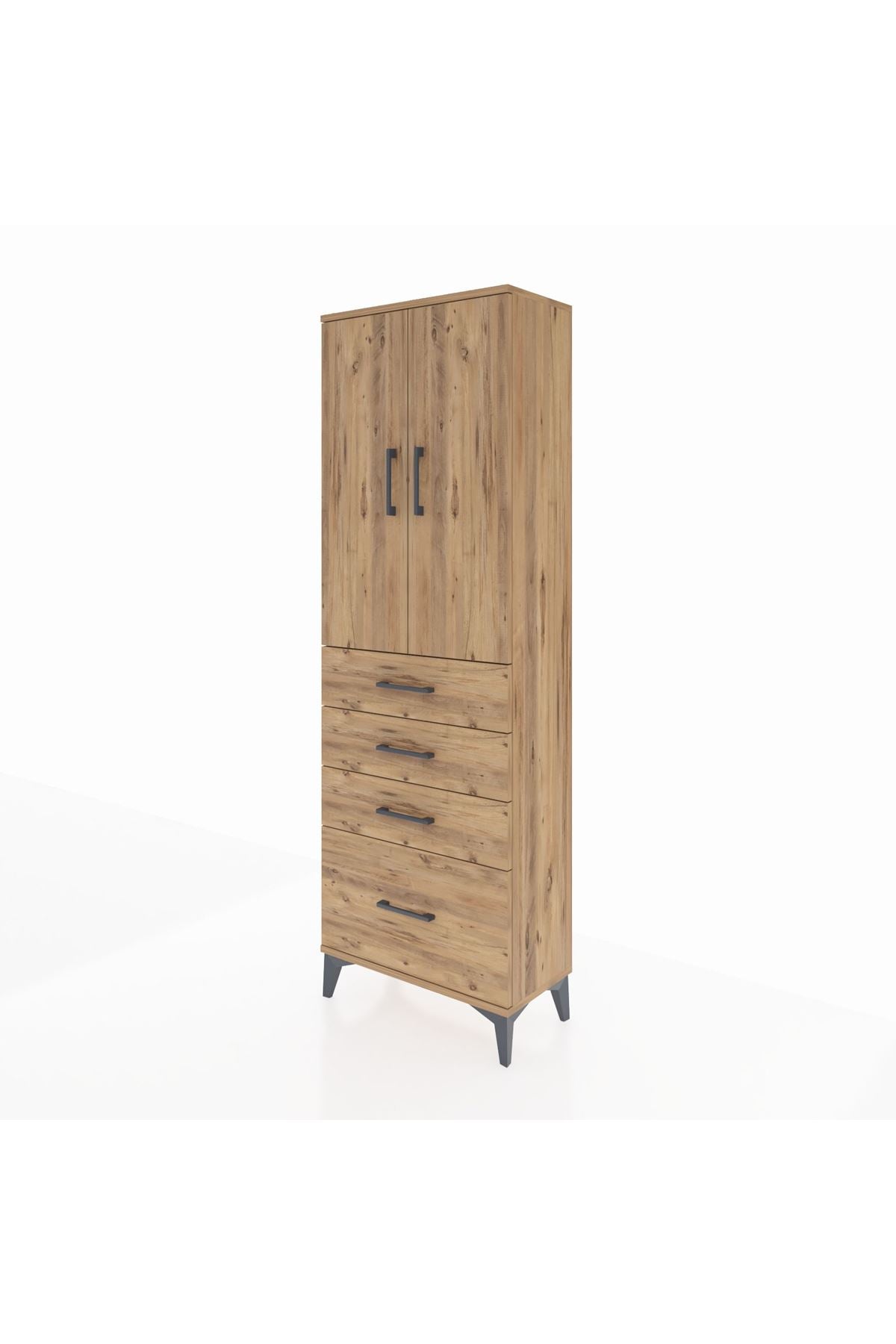 Arges Dolap 2 Raflı 4 Çekmeceli 2 Kapaklı 60x30x182 Çam-Çam