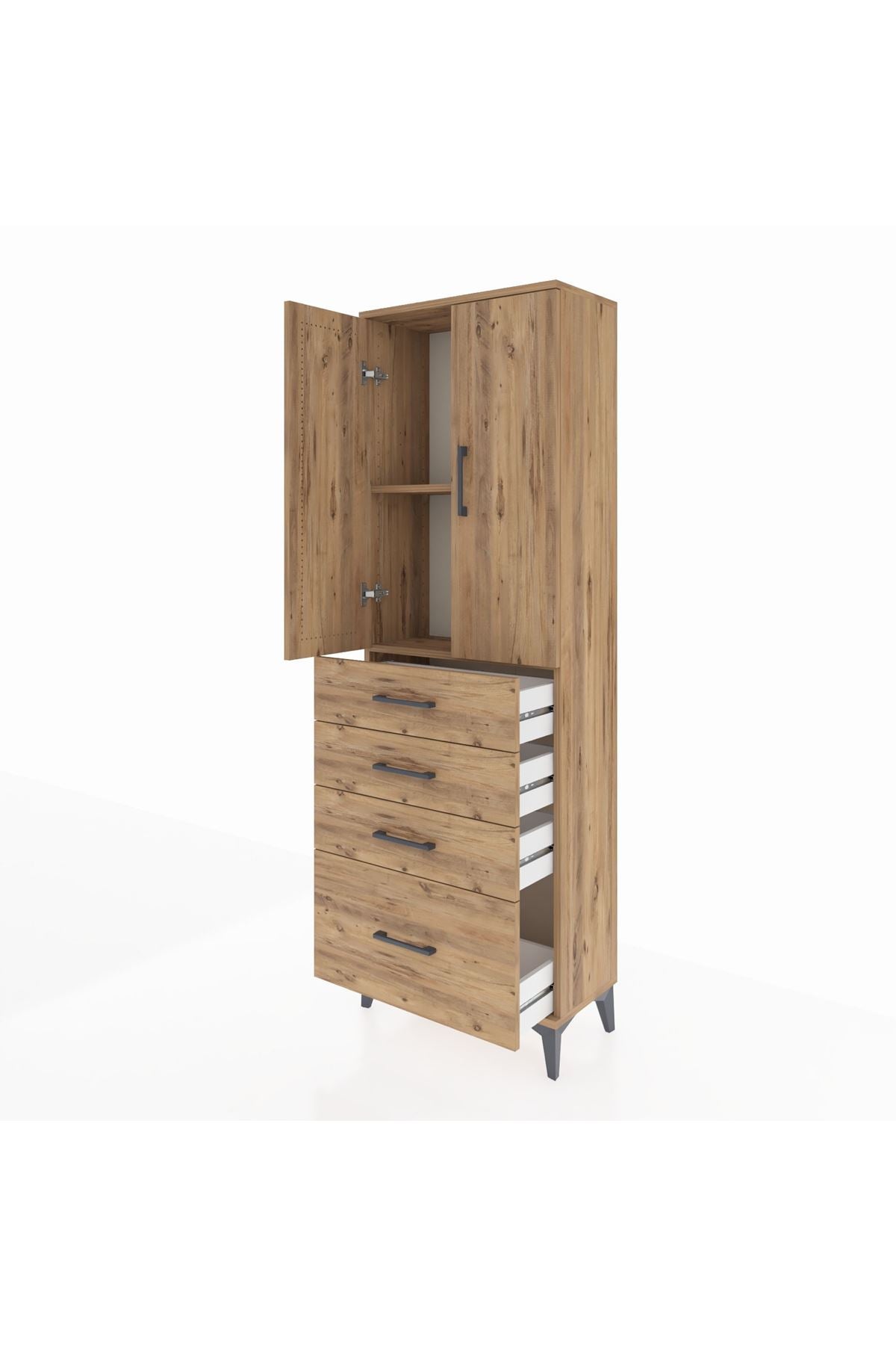 Arges Dolap 2 Raflı 4 Çekmeceli 2 Kapaklı 60x30x182 Çam-Çam