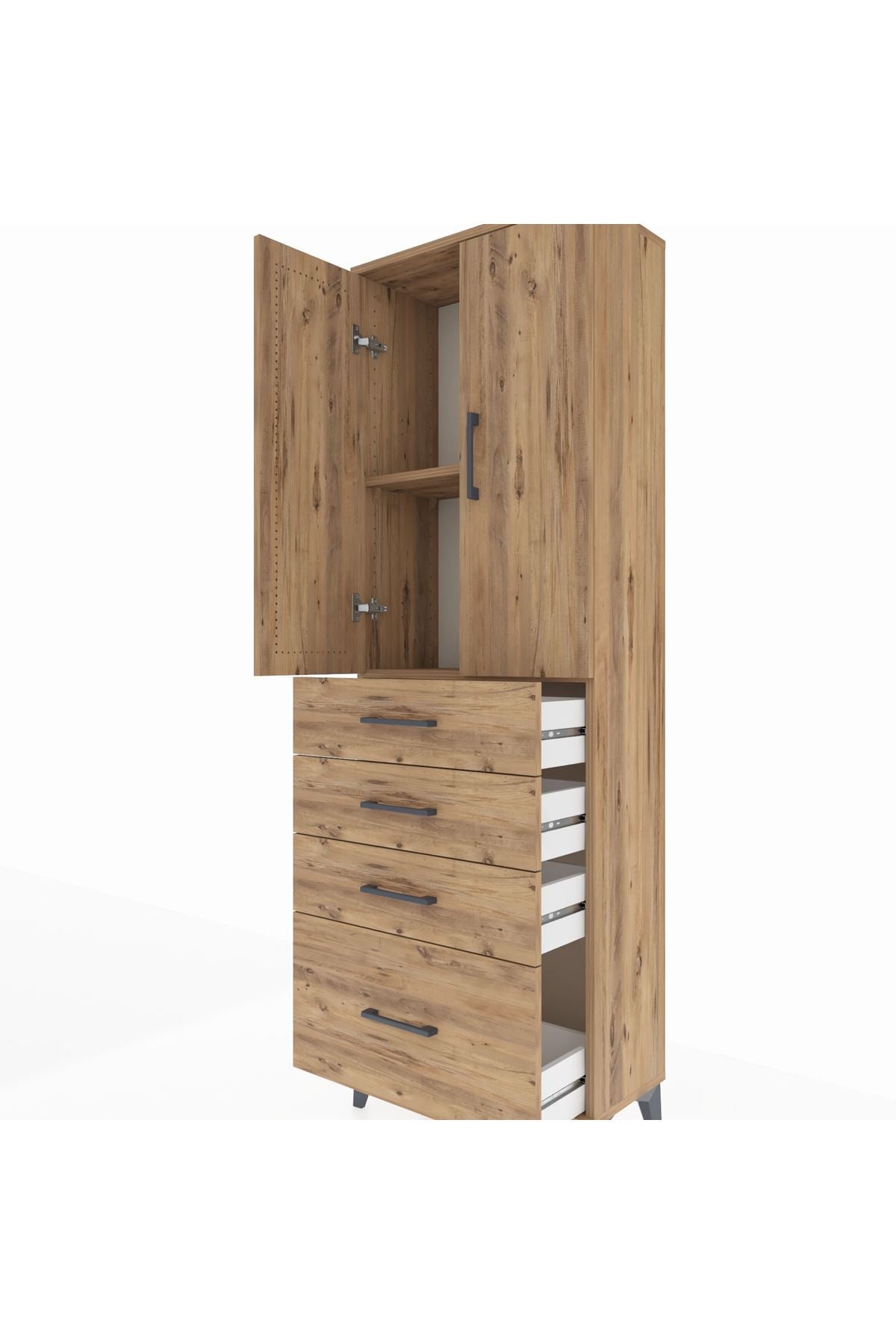 Arges Dolap 2 Raflı 4 Çekmeceli 2 Kapaklı 60x30x182 Çam-Çam