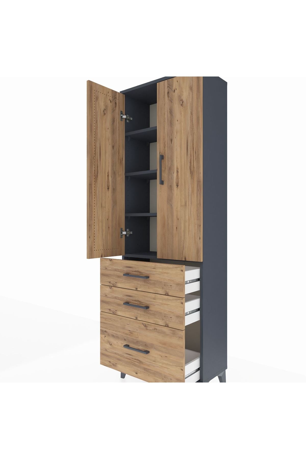 Arges Dolap 4 Raflı 3 Çekmeceli 2 Kapaklı 60x30x182 Antrasit-Çam