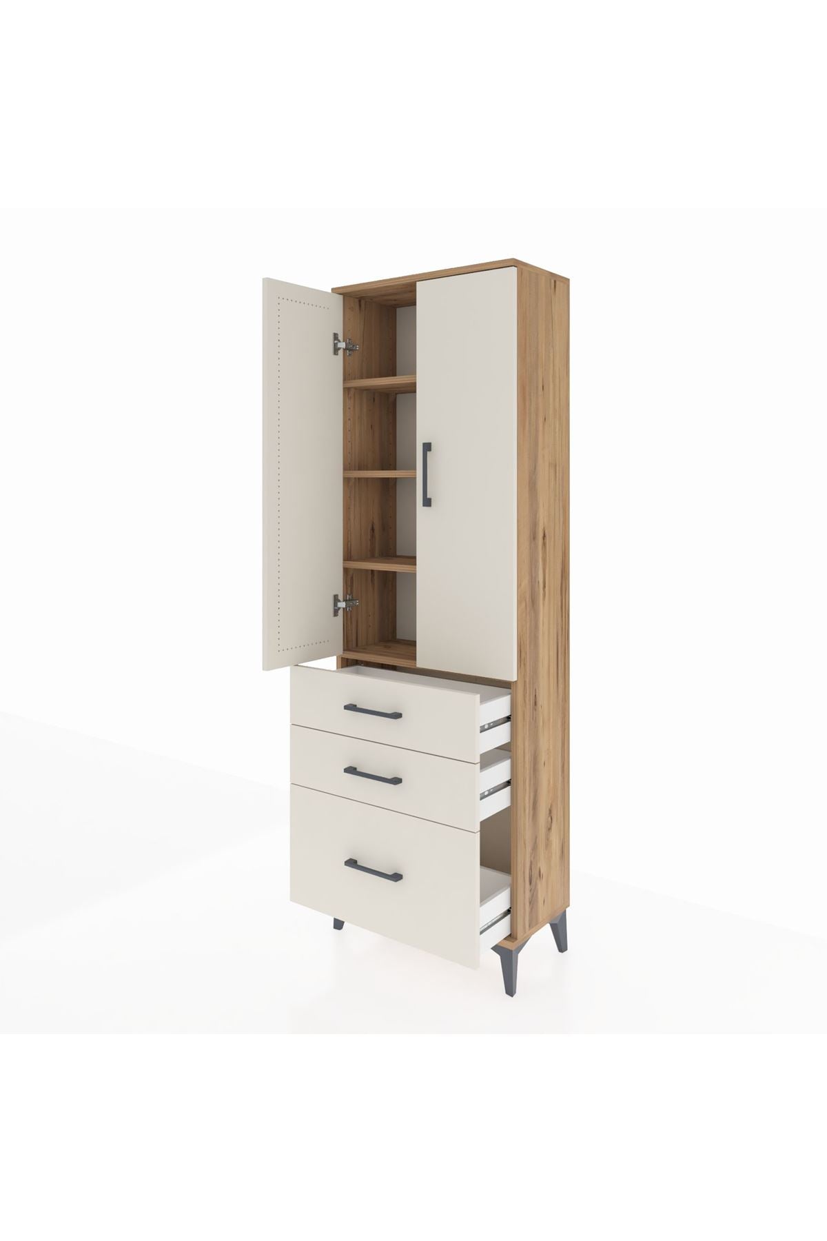 Arges Dolap 4 Raflı 3 Çekmeceli 2 Kapaklı 60x30x182 Çam-Aytaşı