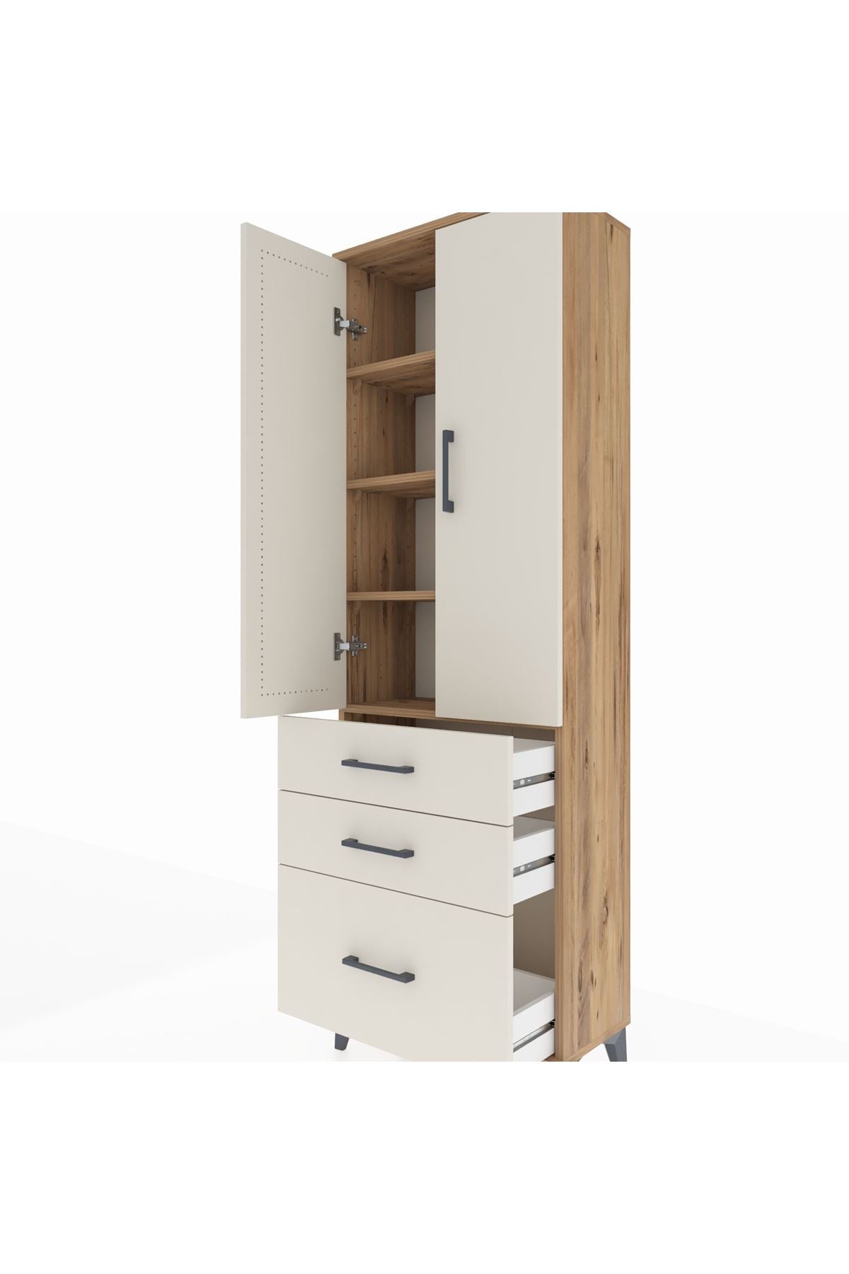 Arges Dolap 4 Raflı 3 Çekmeceli 2 Kapaklı 60x30x182 Çam-Aytaşı