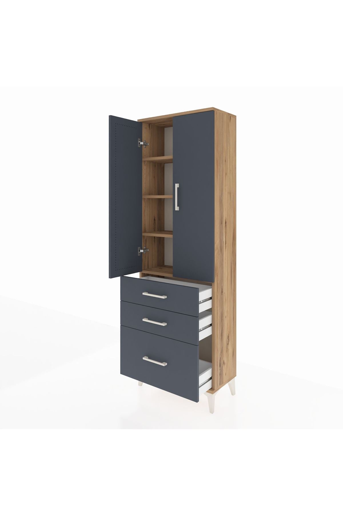 Arges Dolap 4 Raflı 3 Çekmeceli 2 Kapaklı 60x30x182 Çam-Antrasit