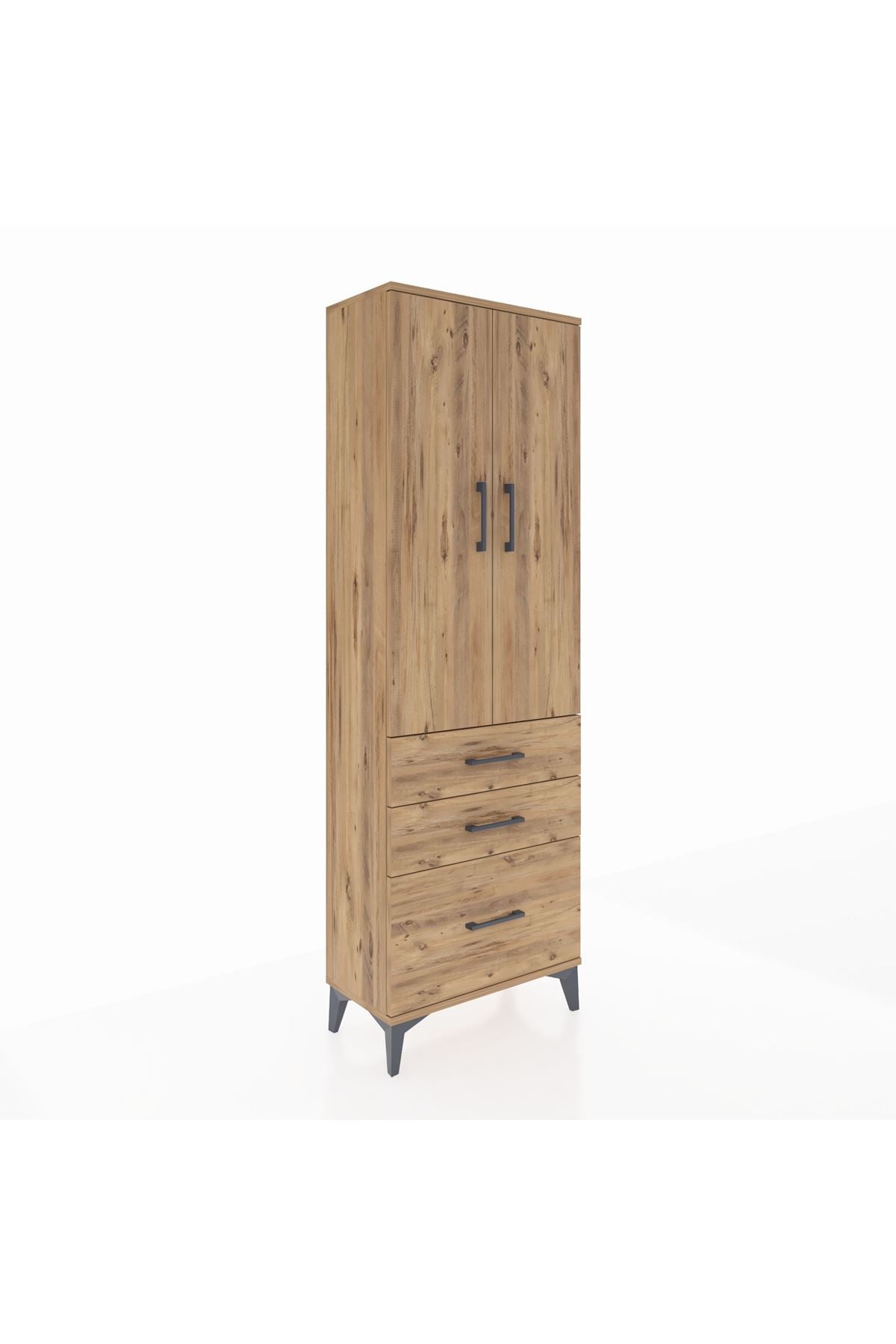 Arges Dolap 4 Raflı 3 Çekmeceli 2 Kapaklı 60x30x182 Çam-Çam