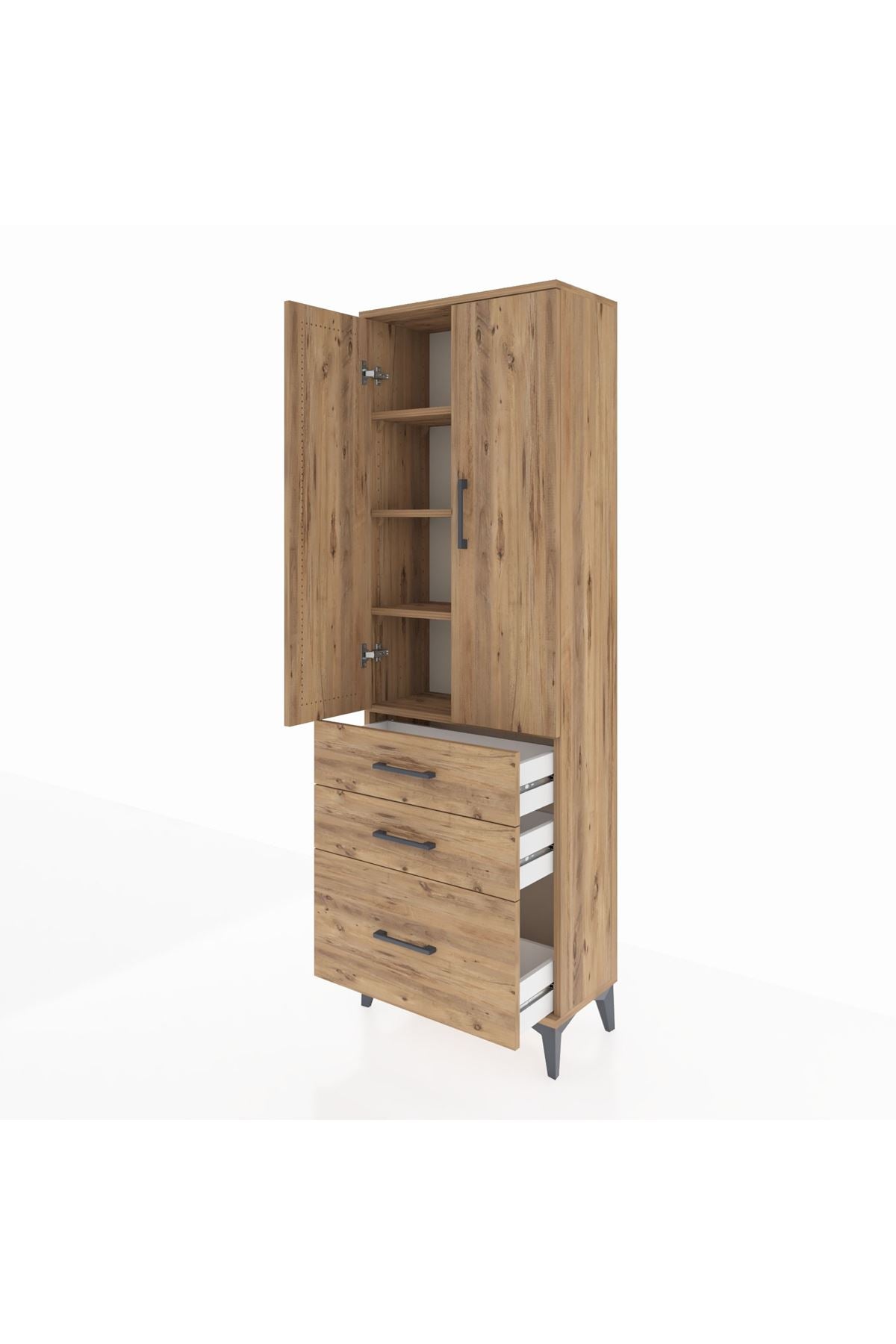 Arges Dolap 4 Raflı 3 Çekmeceli 2 Kapaklı 60x30x182 Çam-Çam