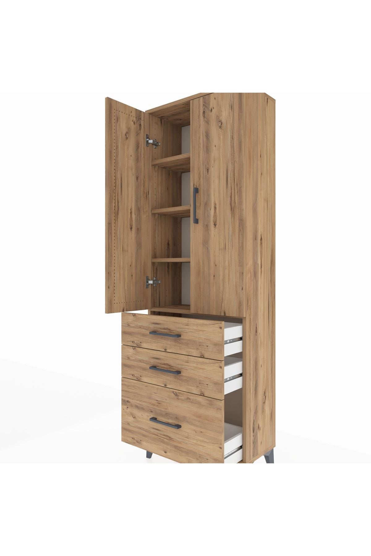 Arges Dolap 4 Raflı 3 Çekmeceli 2 Kapaklı 60x30x182 Çam-Çam