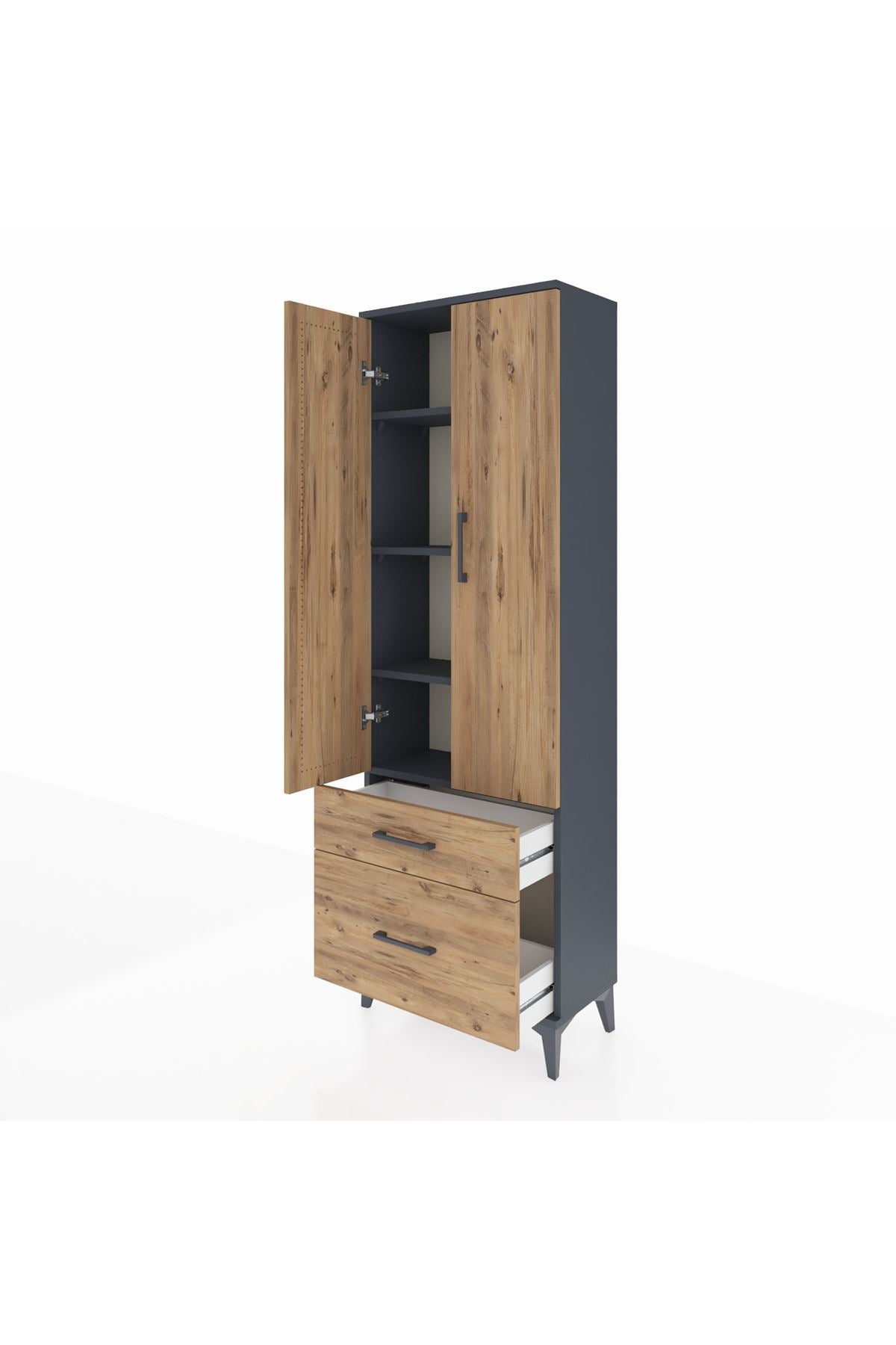 Arges Dolap 4 Raflı 2 Çekmeceli 2 Kapaklı 60x30x182 Antrasit-Çam