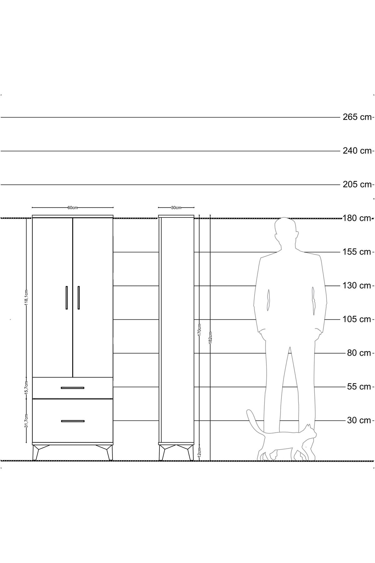 Arges Dolap 4 Raflı 2 Çekmeceli 2 Kapaklı 60x30x182 Antrasit-Çam