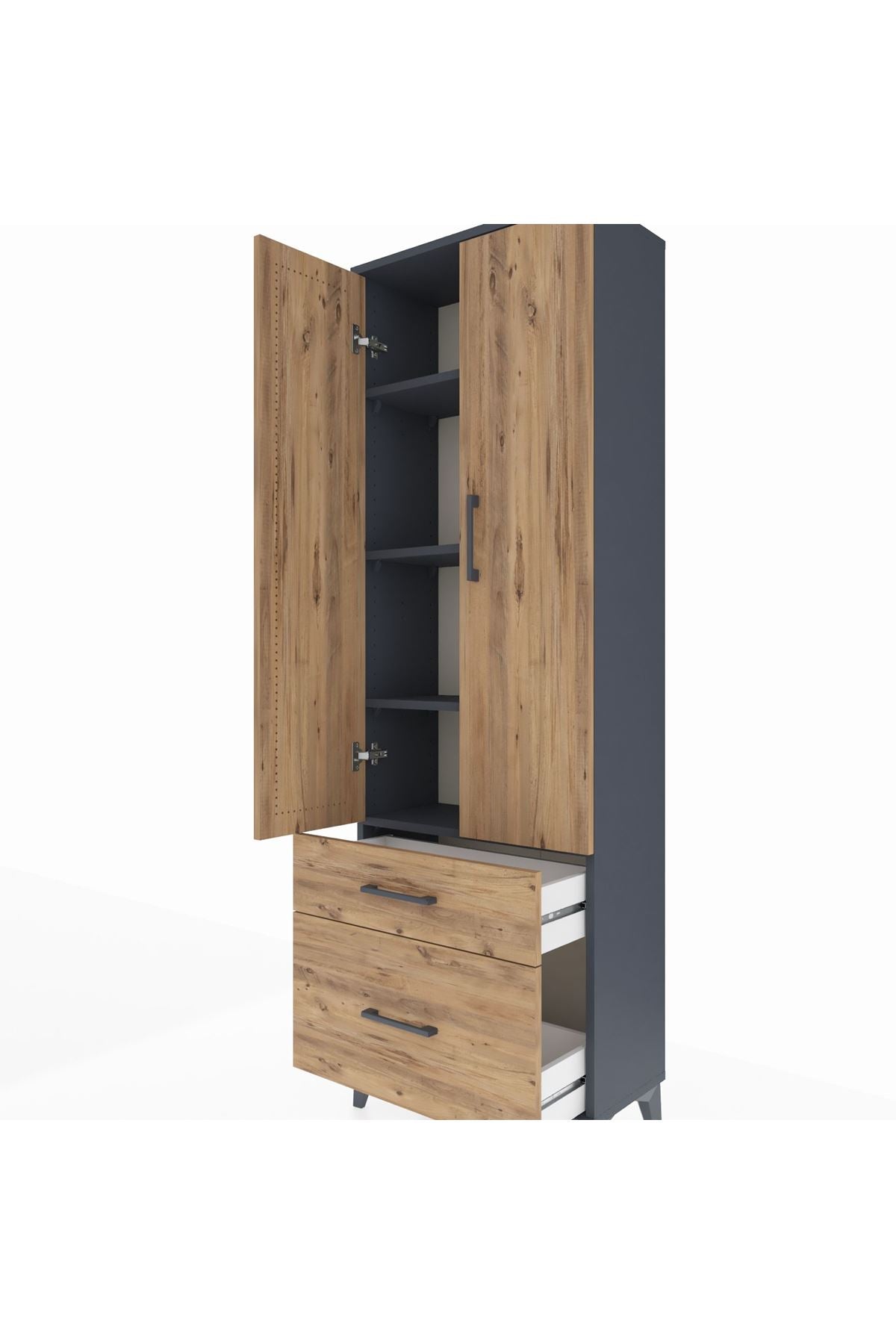 Arges Dolap 4 Raflı 2 Çekmeceli 2 Kapaklı 60x30x182 Antrasit-Çam