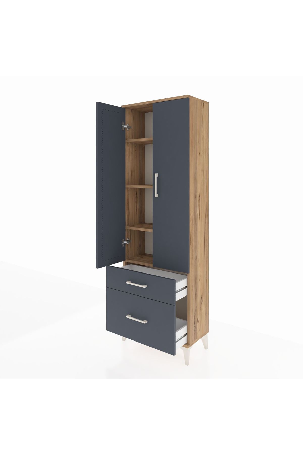 Arges Dolap 4 Raflı 2 Çekmeceli 2 Kapaklı 60x30x182 Çam-Antrasit