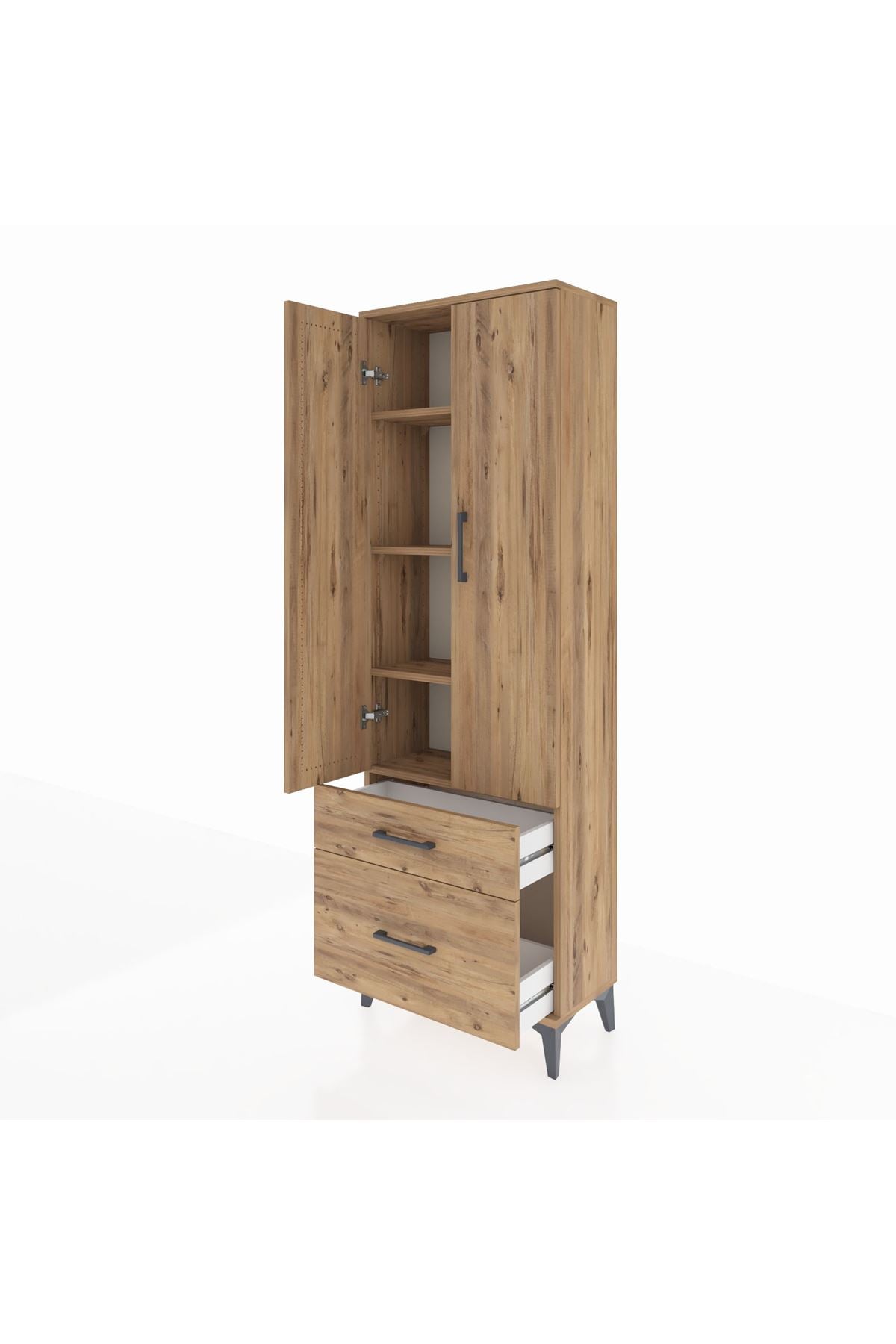 Arges Dolap 4 Raflı 2 Çekmeceli 2 Kapaklı 60x30x182 Çam-Çam