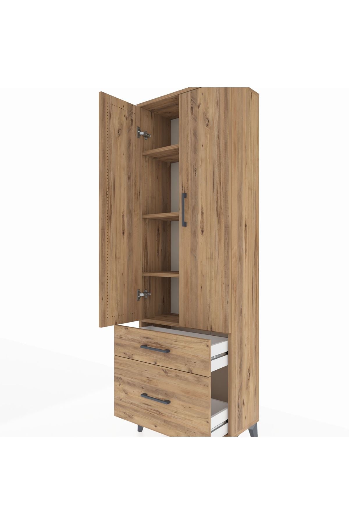 Arges Dolap 4 Raflı 2 Çekmeceli 2 Kapaklı 60x30x182 Çam-Çam