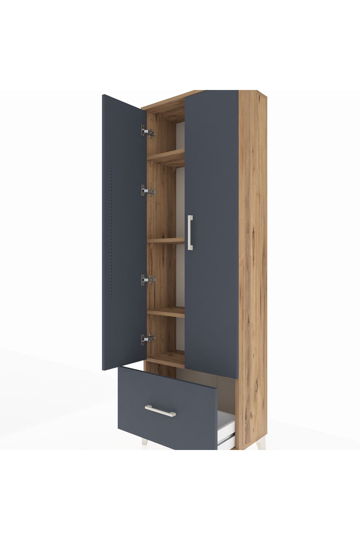 Arges Dolap 4 Raflı Tek Çekmeceli 2 Kapaklı 60x30x182 Çam-Antrasit