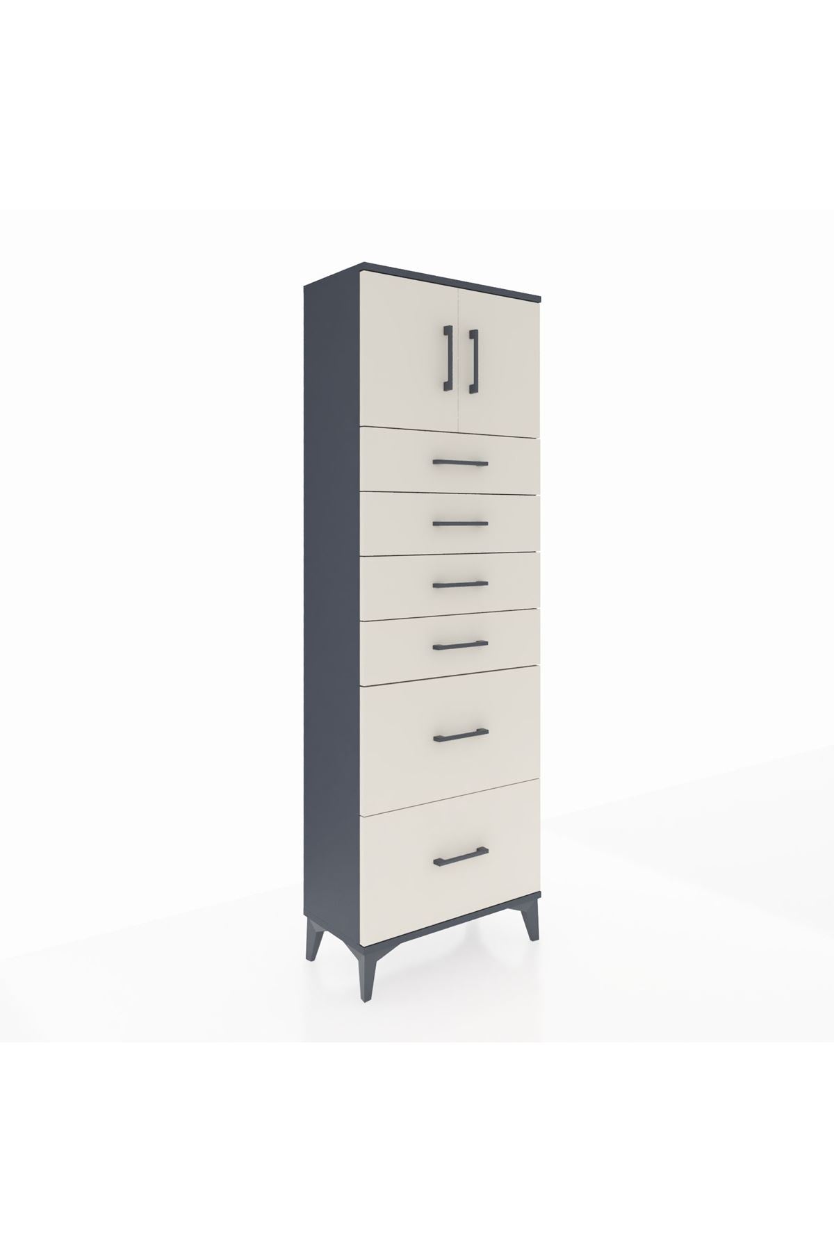 Arges Dolap Tek Raflı 6 Çekmeceli 2 Kapaklı 60x30x182 Antrasit-Aytaşı