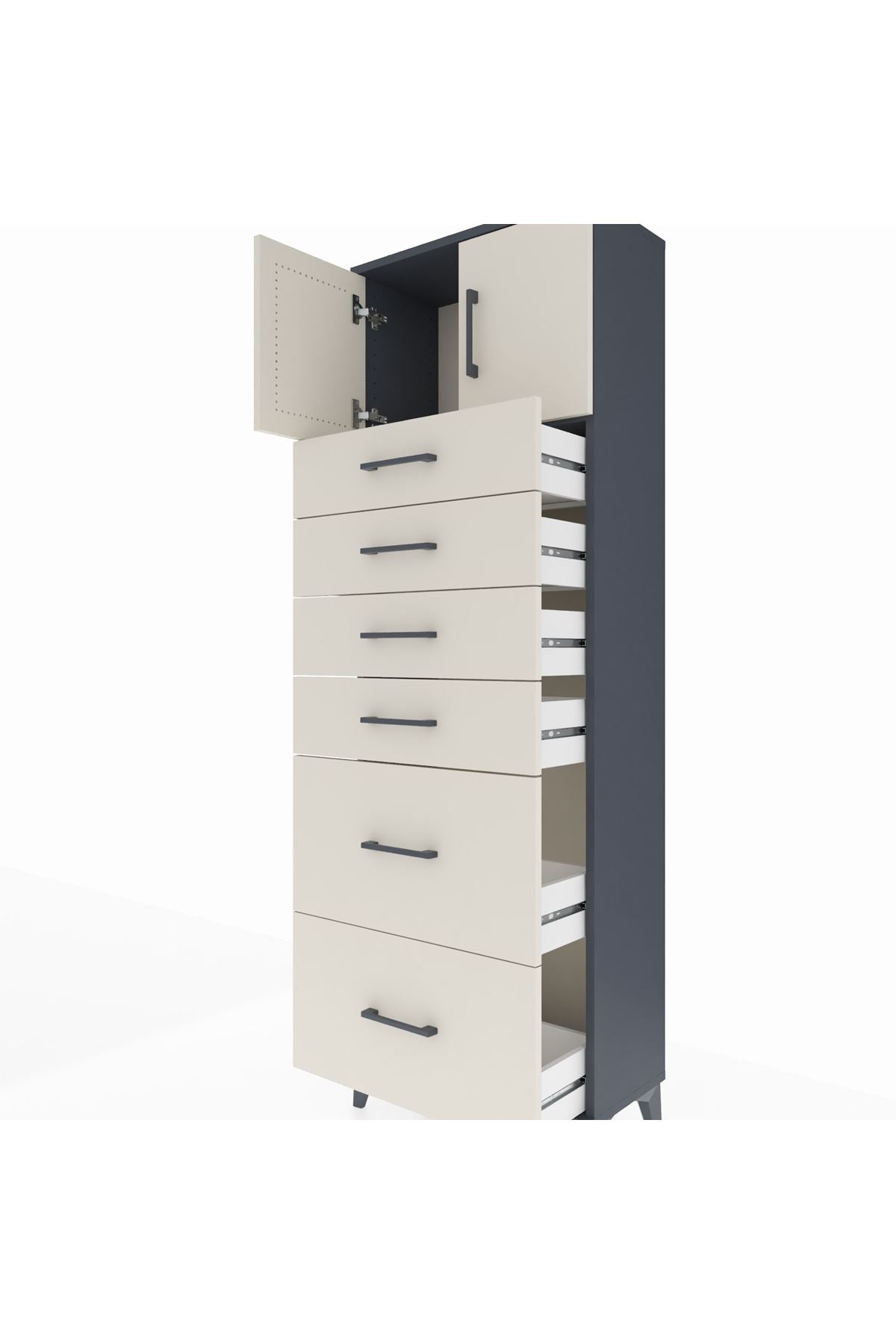 Arges Dolap Tek Raflı 6 Çekmeceli 2 Kapaklı 60x30x182 Antrasit-Aytaşı