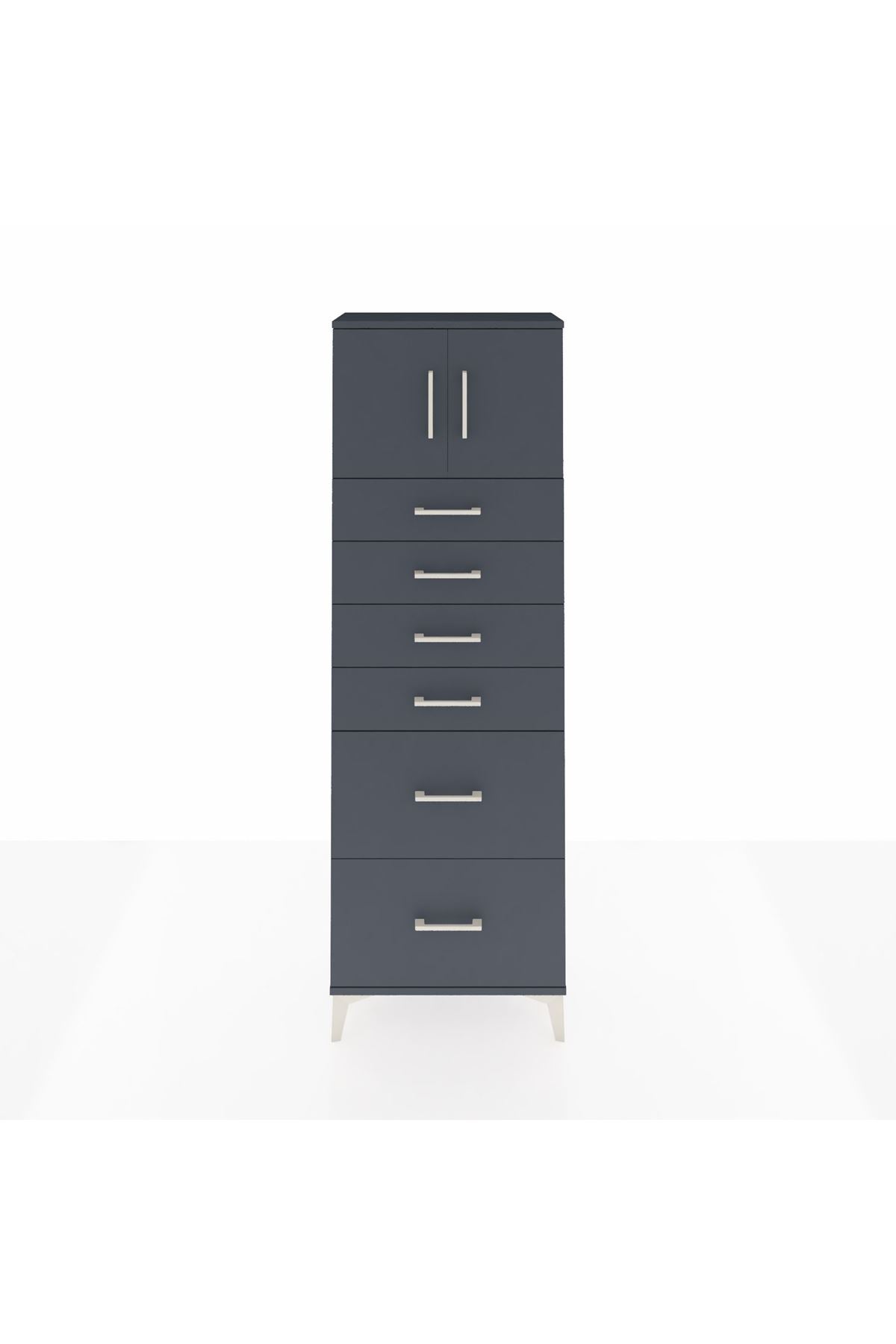 Arges Dolap Tek Raflı 6 Çekmeceli 2 Kapaklı 60x30x182 Antrasit-Antrasit