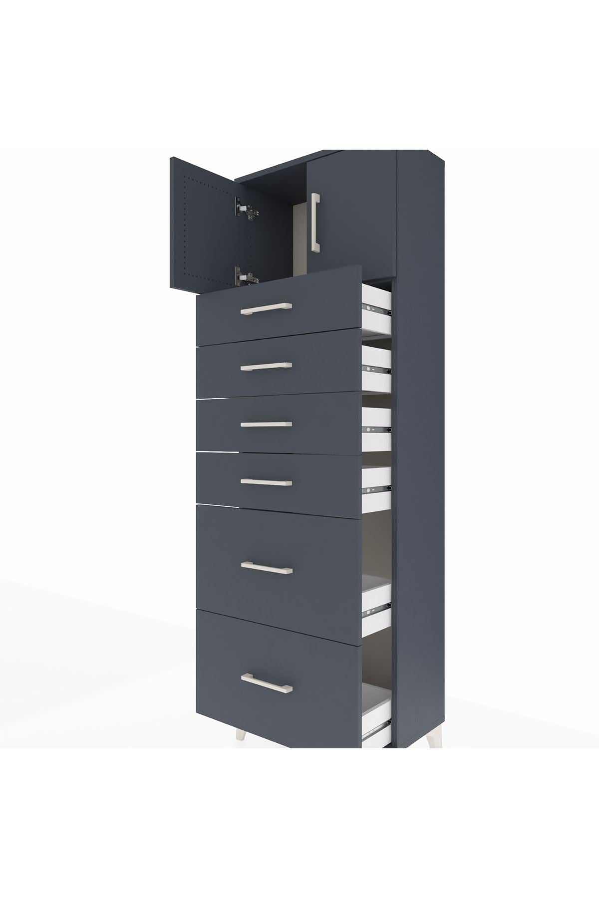 Arges Dolap Tek Raflı 6 Çekmeceli 2 Kapaklı 60x30x182 Antrasit-Antrasit